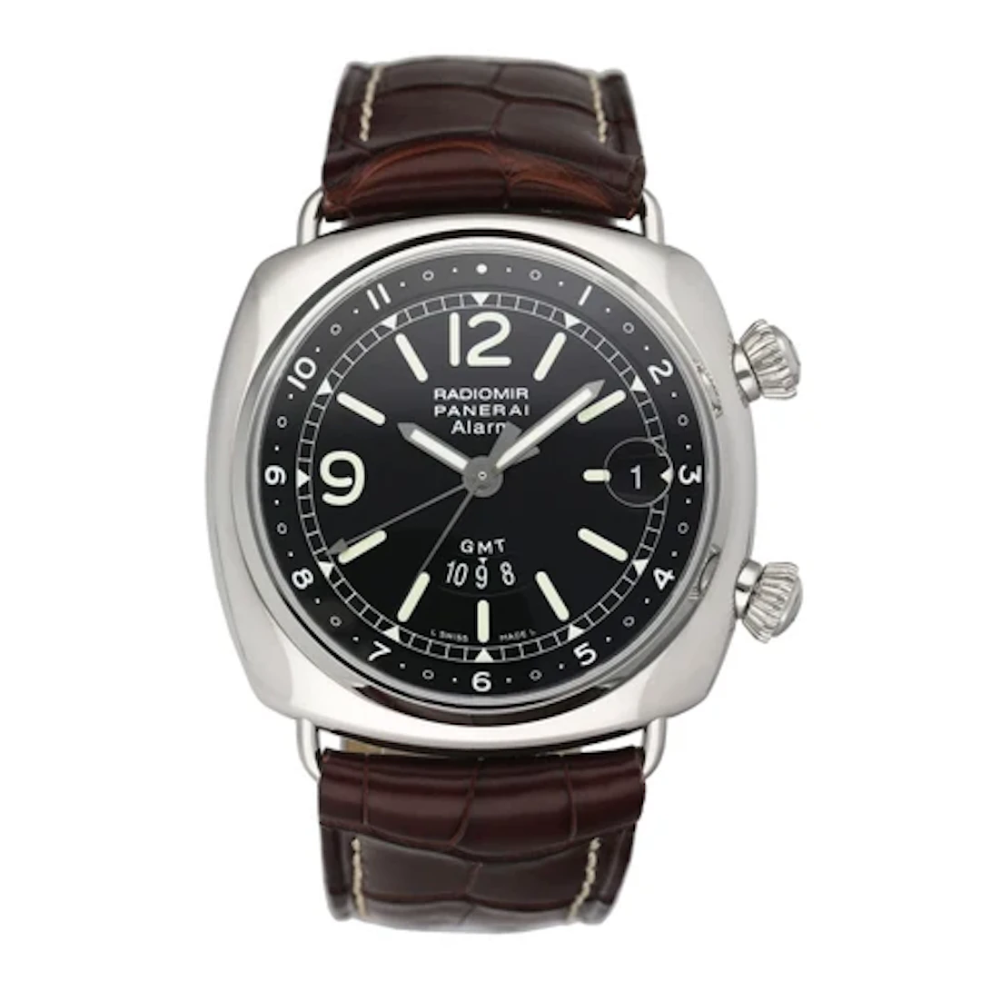 Panerai Radiomir GMT/Alarm PAM00098 Black Dial Steel Mens Watch Box Papers
