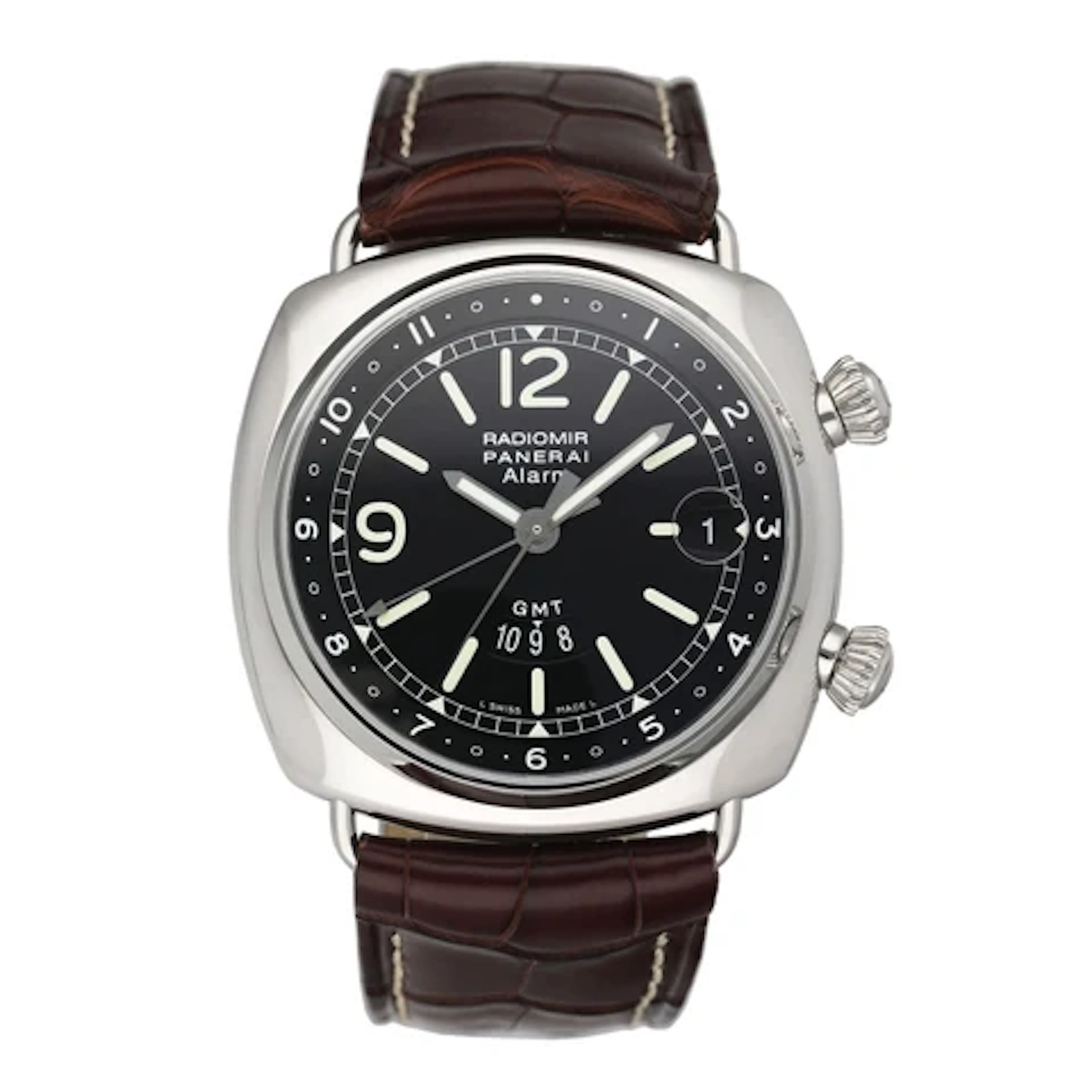 Panerai Radiomir GMT/Alarm PAM00098 Black Dial Steel Mens Watch Box Papers