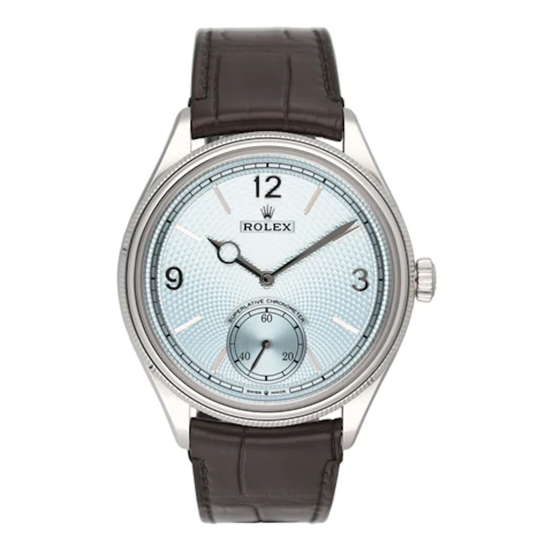 Rolex 1908 Ice Blue Dial Platinum Mens Watch Box Papers