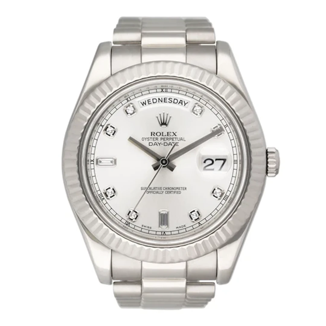 Rolex Day-Date 41 218239 Diamond Silver Dial 18K White Gold Mens Watch