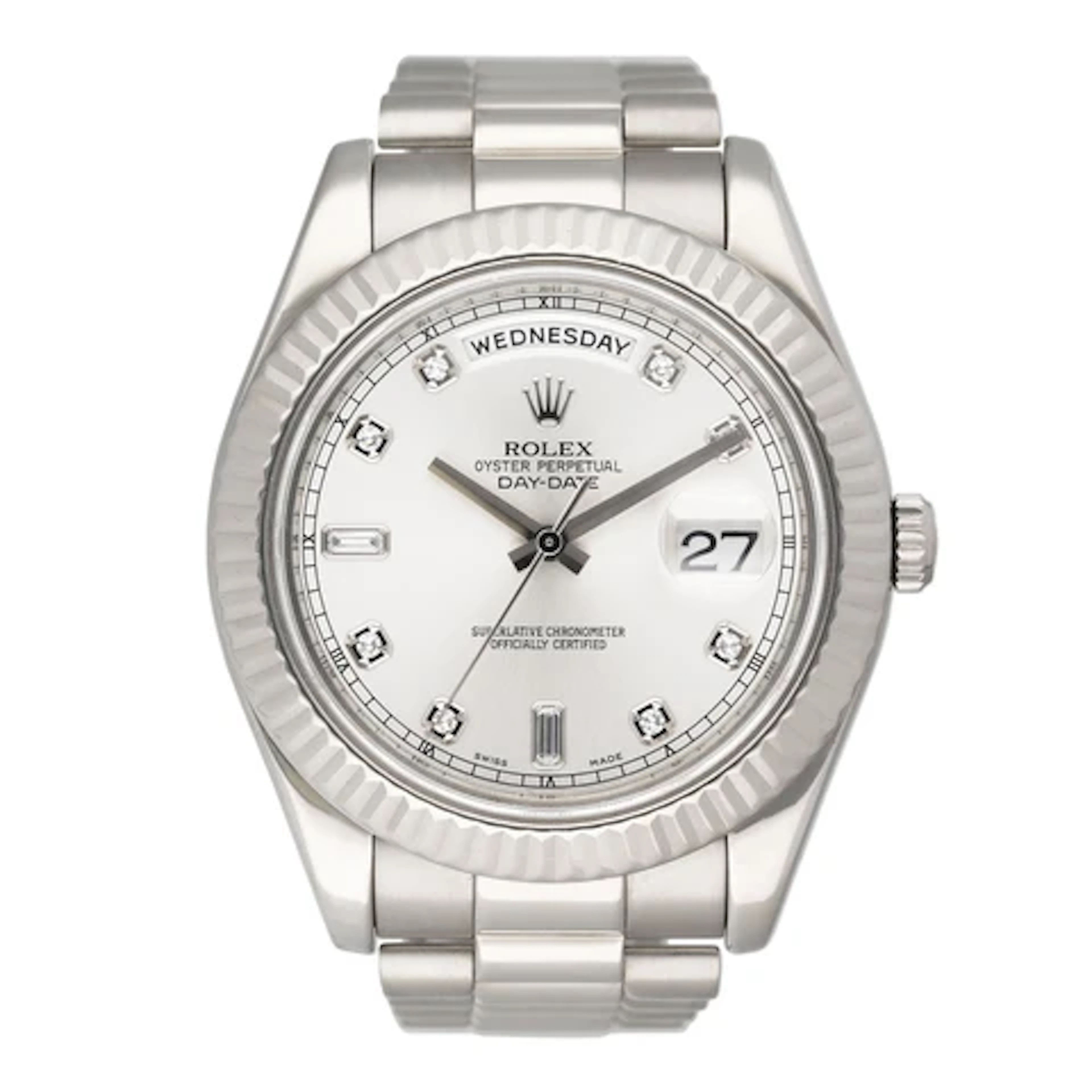 Rolex Day-Date 41 218239 Diamond Silver Dial 18K White Gold Mens Watch