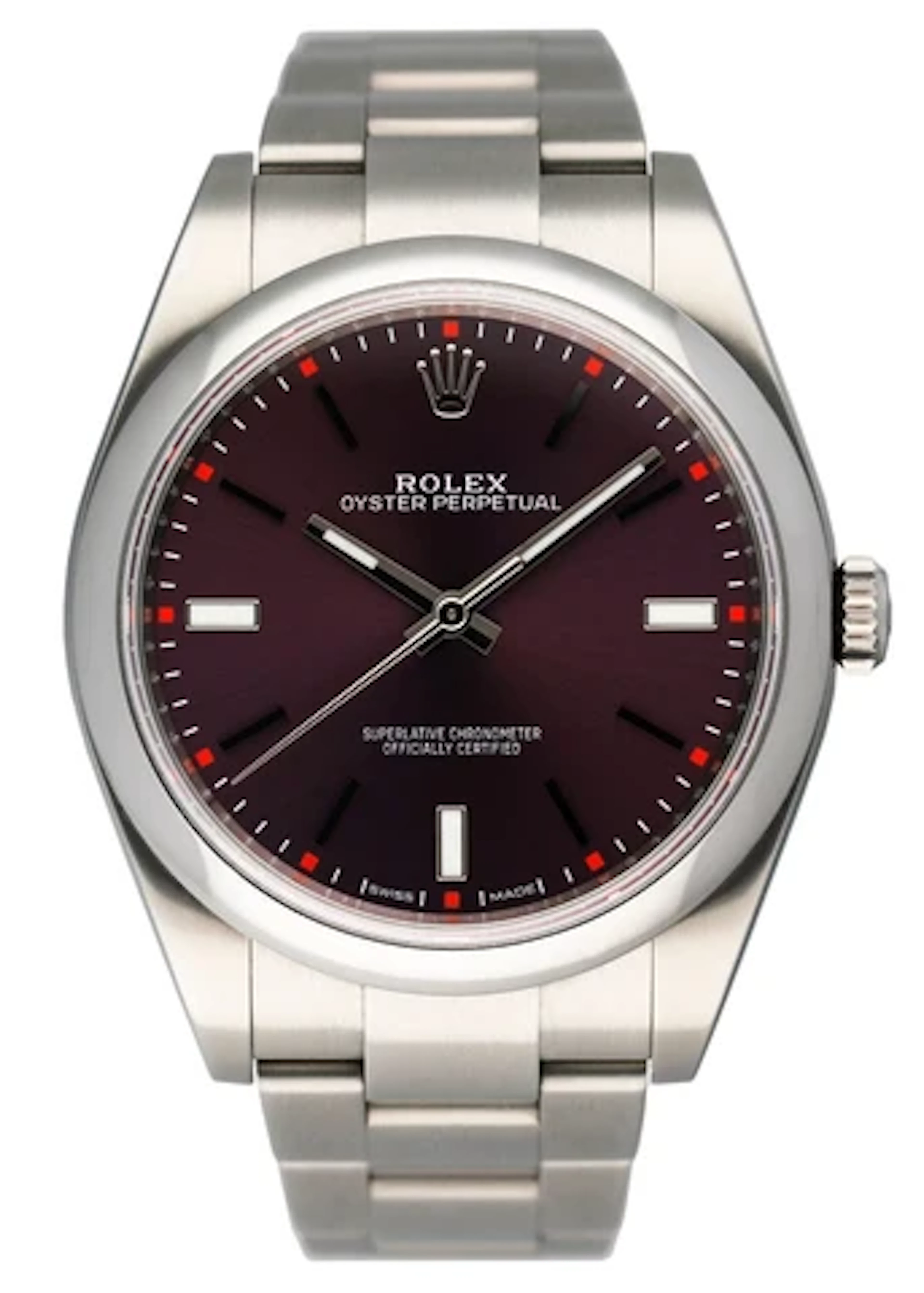 Rolex Oyster Perpetual 114300 Red Grape Dial Mens Watch Box Papers