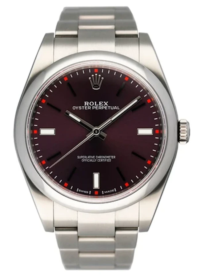 Rolex Oyster Perpetual 114300 Red Grape Dial Mens Watch Box Papers
