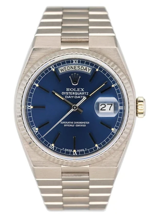Rolex Day Date Oysterquartz 19019 Blue Dial 18K White Gold Mens Watch