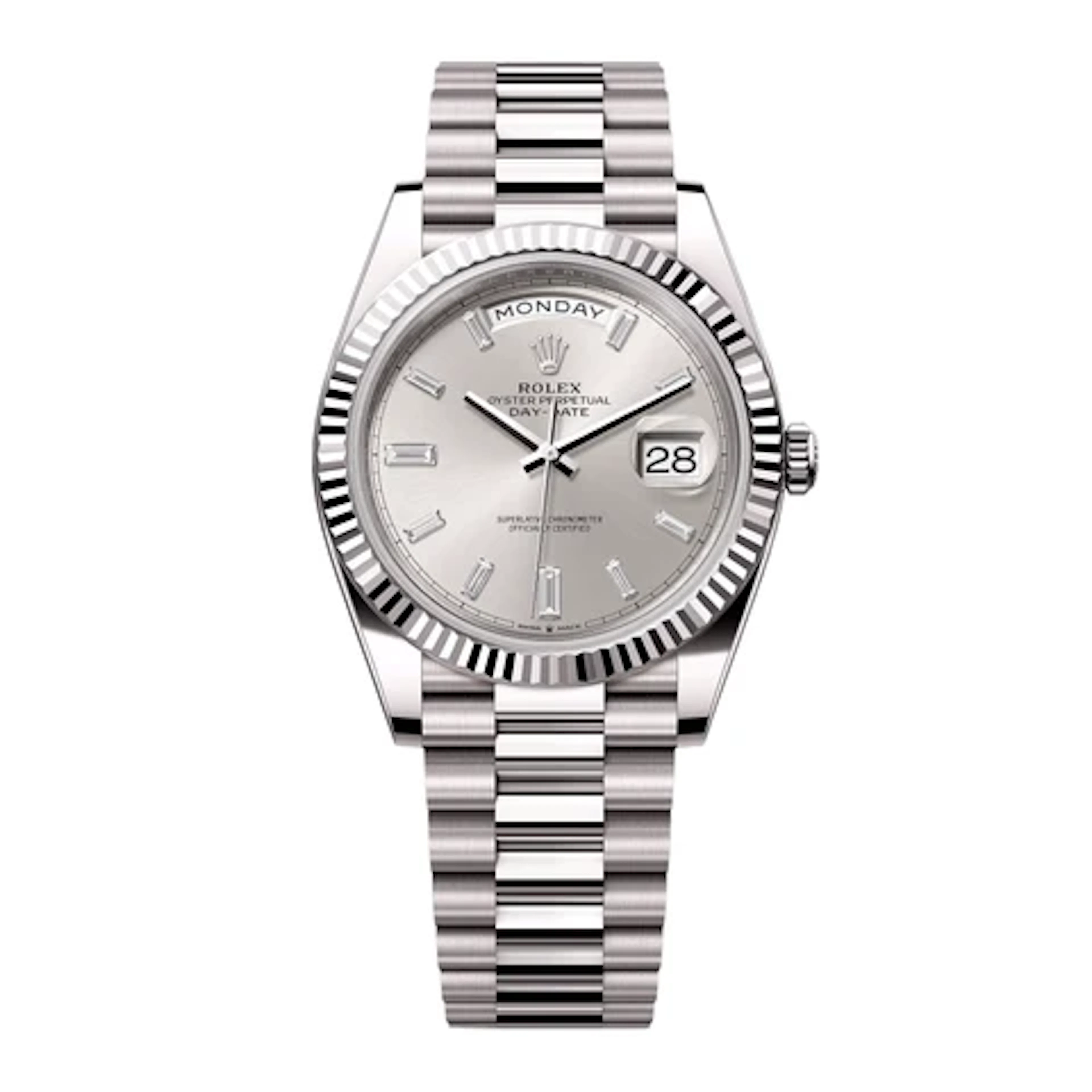 Rolex Day-Date 228239 Diamond Silver Dial Mens Watch Box Papers