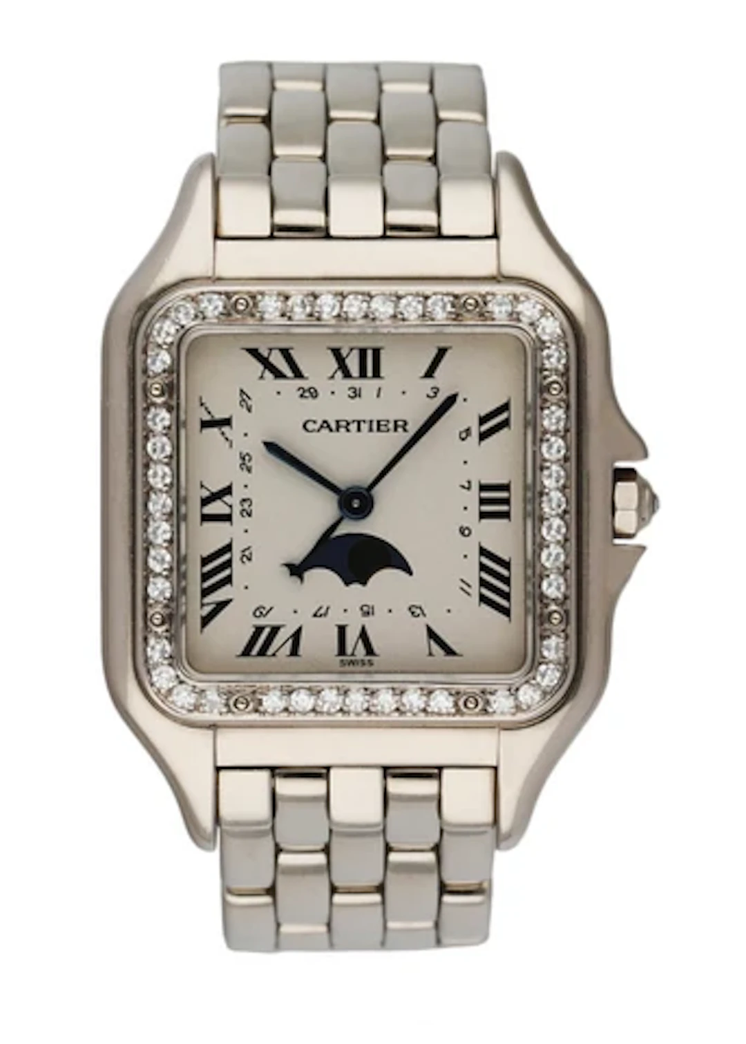 Cartier Panthere 18K White Gold Moon Phase Diamond Ladies Watch Box Papers