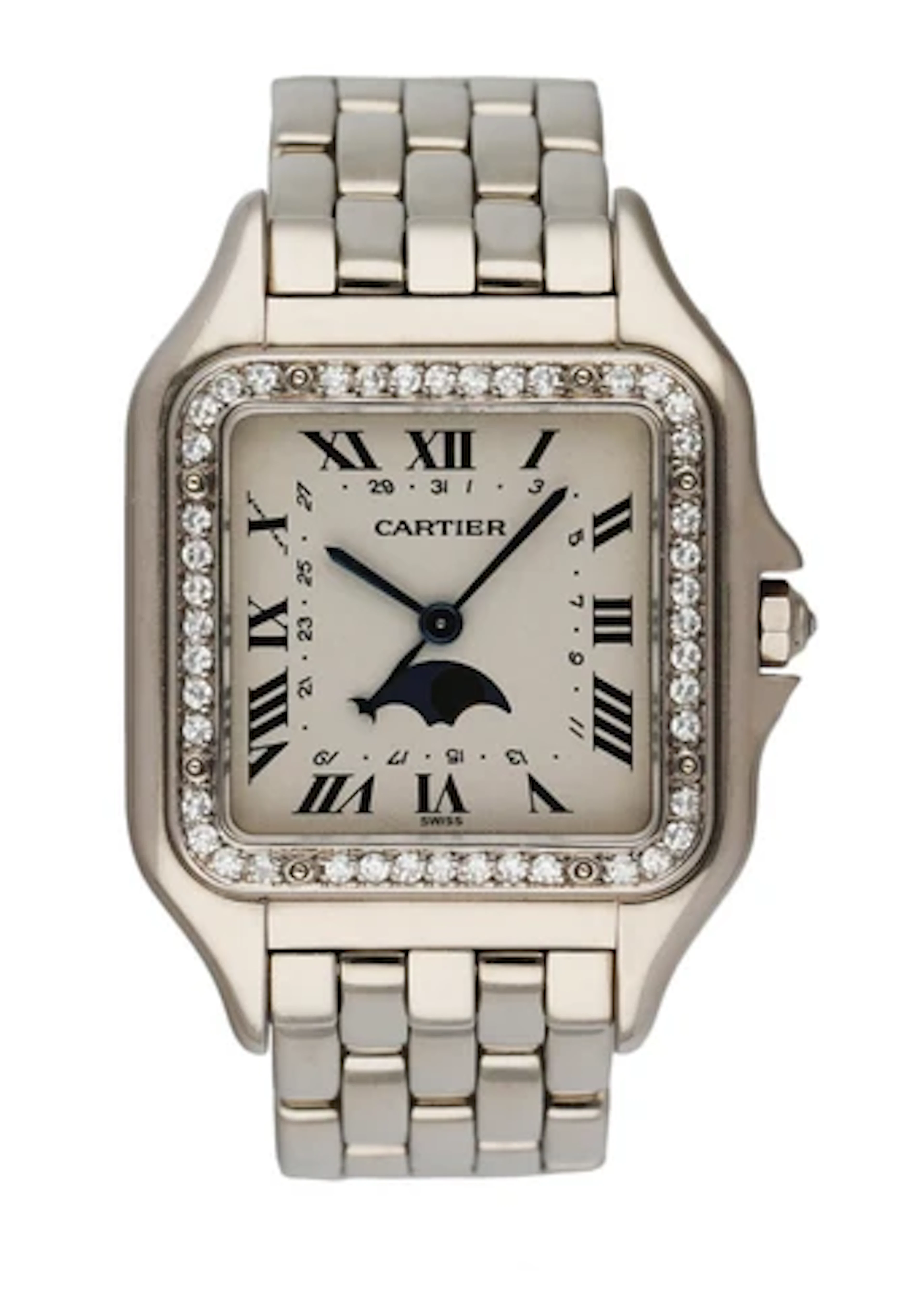 Cartier Panthere 18K White Gold Moon Phase Diamond Ladies Watch Box Papers
