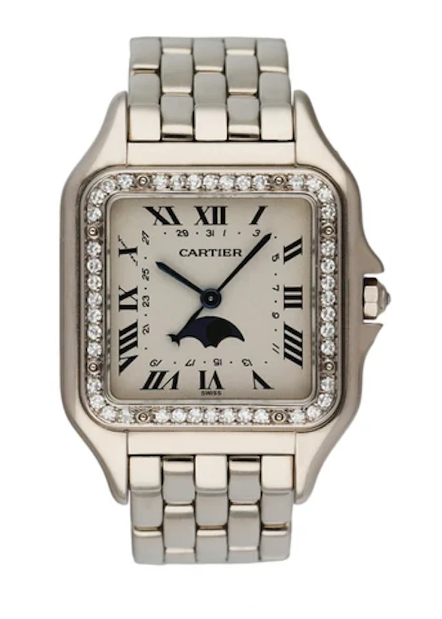 Cartier Panthere 18K White Gold Moon Phase Diamond Ladies Watch Box Papers