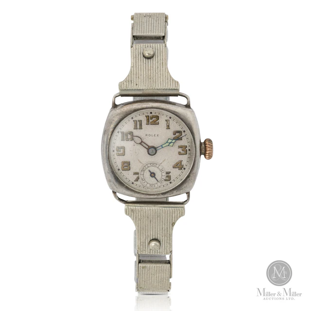 Rolex Early Sterling Silver Cushion-Case "Trench Style" Wristwatch