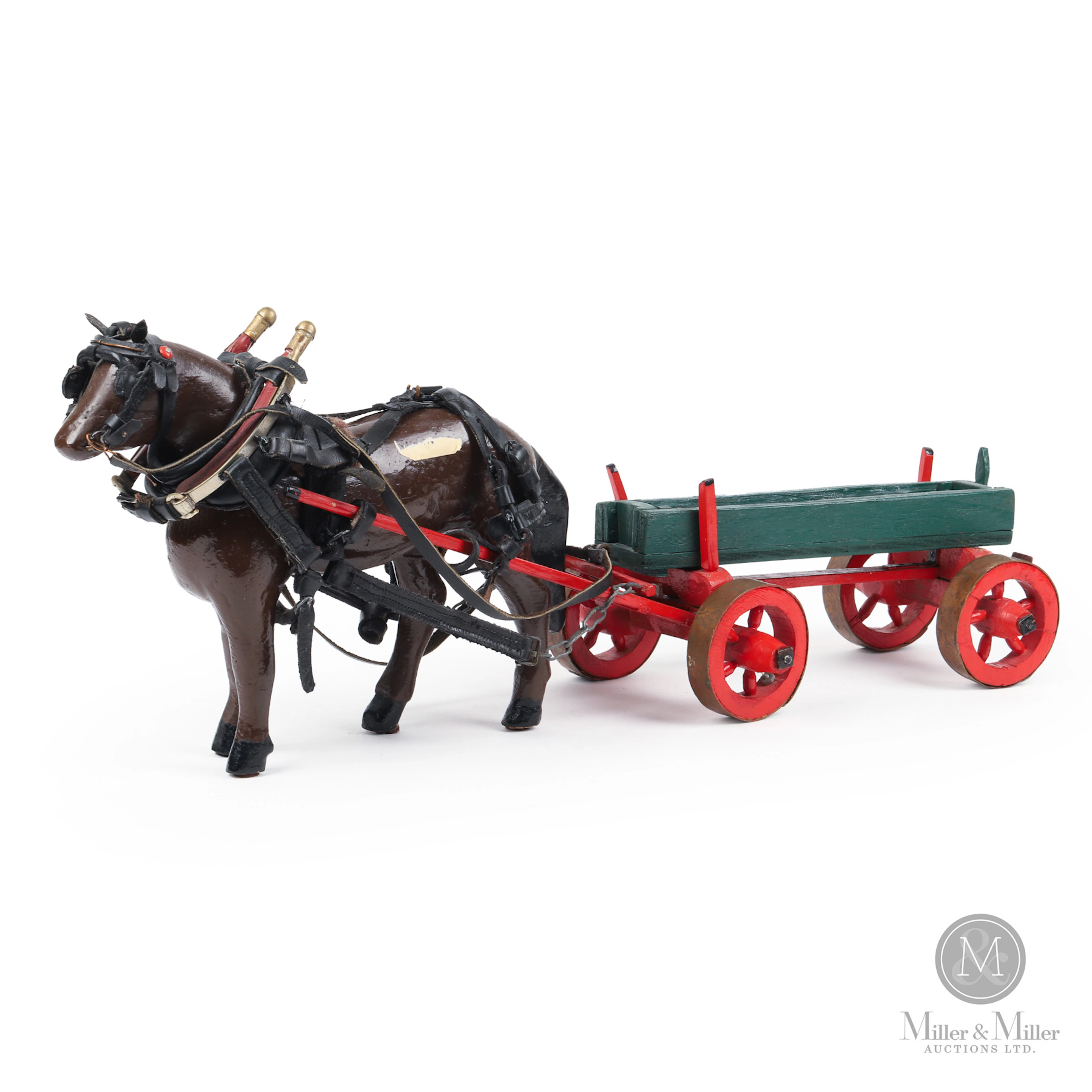 Jouet cheval noir et chariot / Folk art horse and wagon