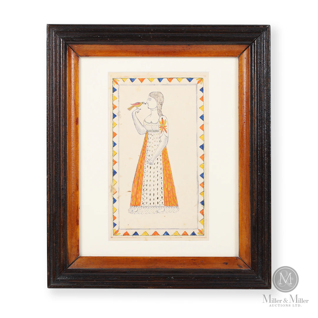 Ontario Fraktur "Girl with Bird" — Joseph Bauman