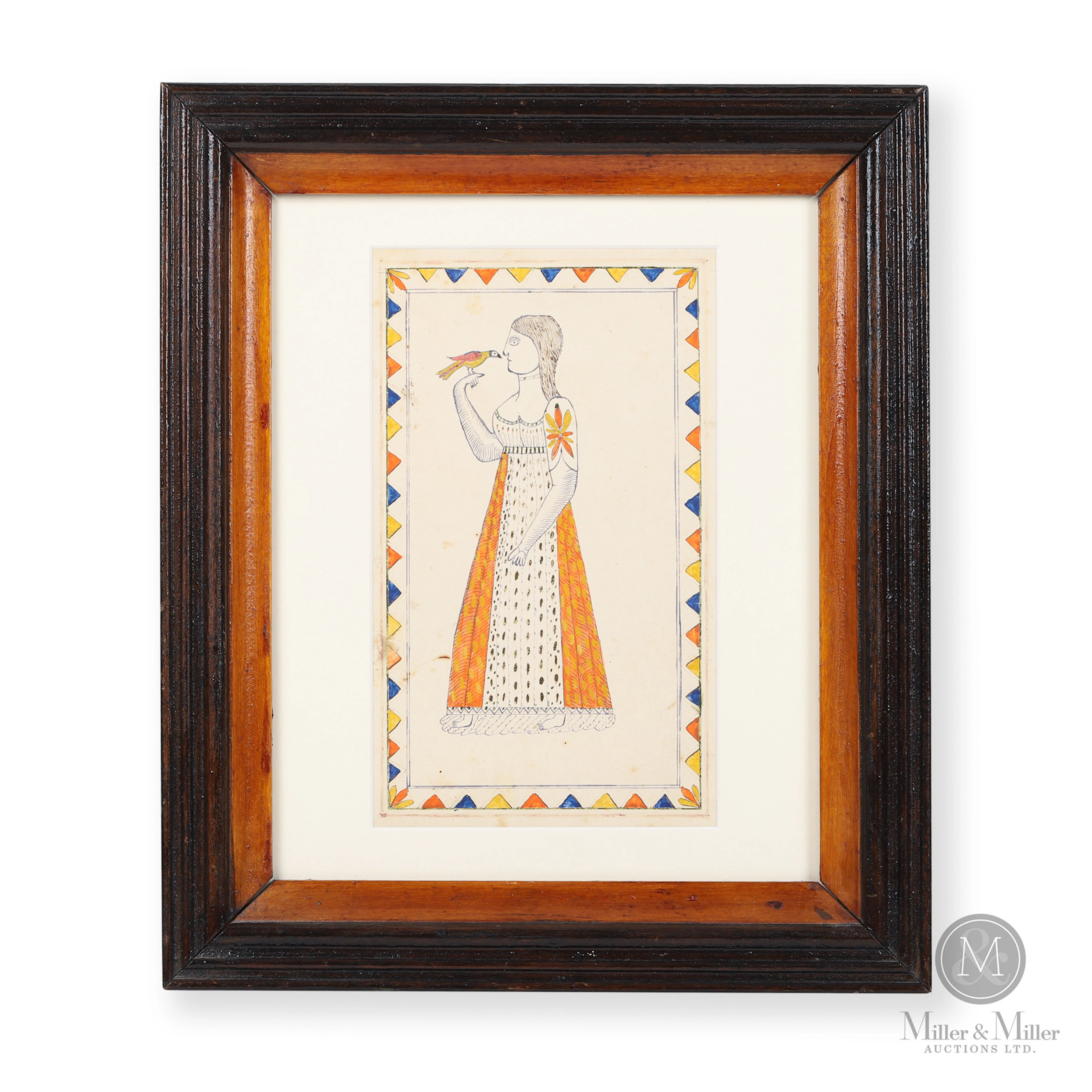 Ontario Fraktur "Girl with Bird" — Joseph Bauman