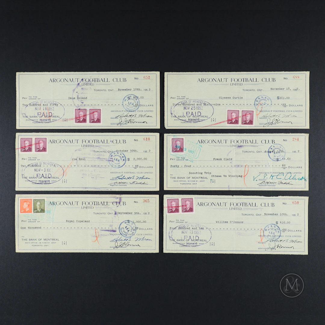 1951-52 Toronto Argonaut Signed Player Cheques (56)