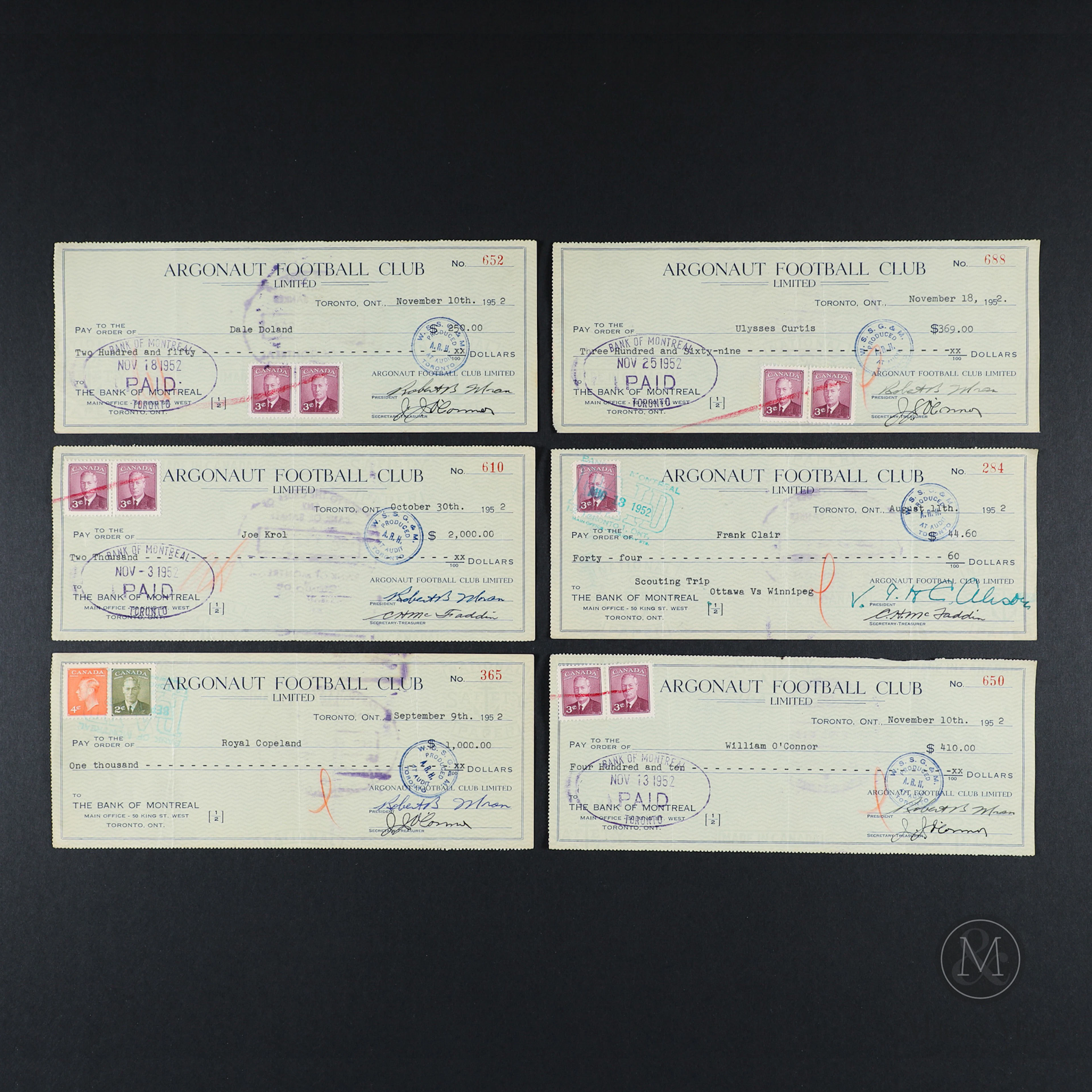 1951-52 Toronto Argonaut Signed Player Cheques (56)