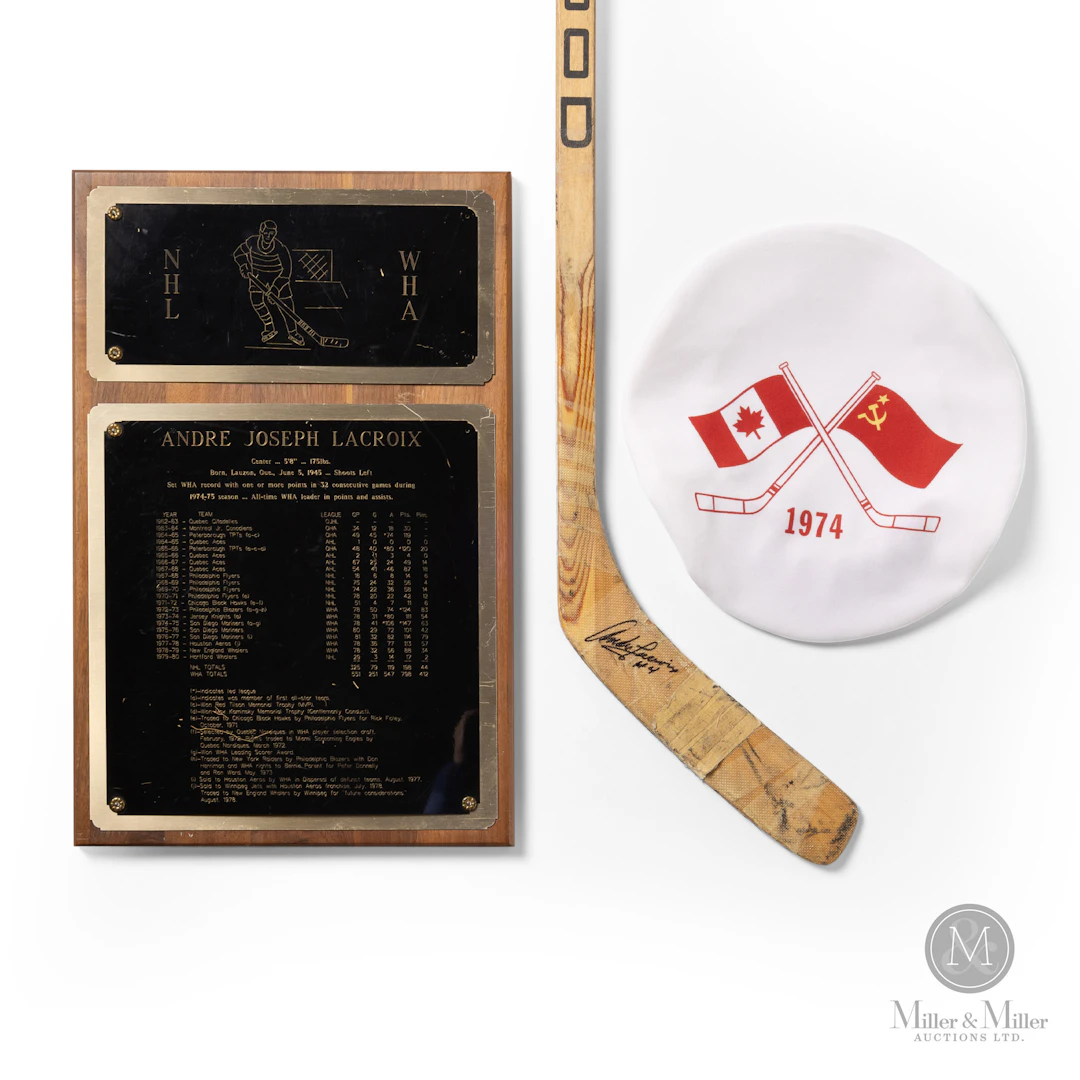 C. 1974 Andre Lacroix Game Used Stick, Plaque and Hat