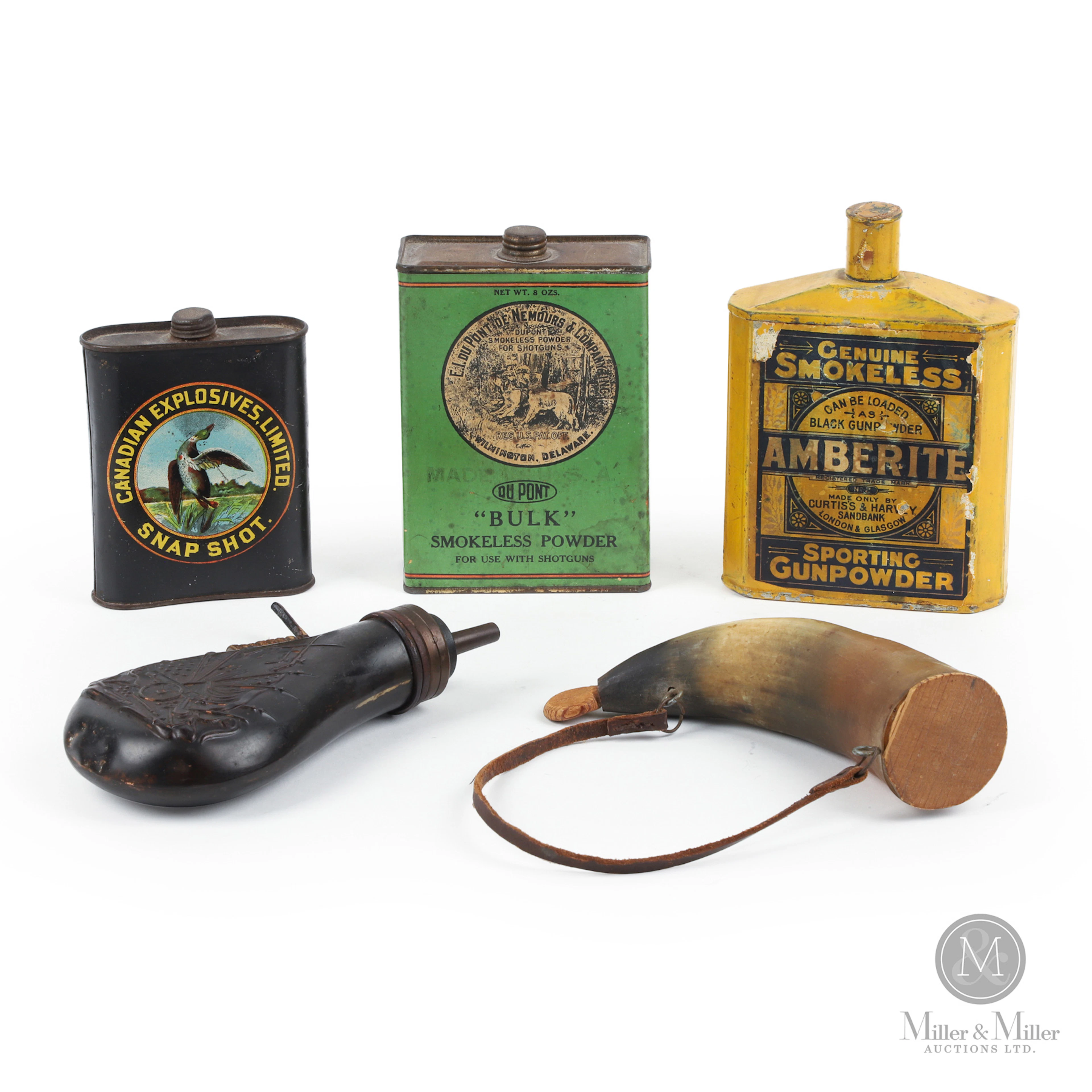Group of Powder Tins, Flask and Horn