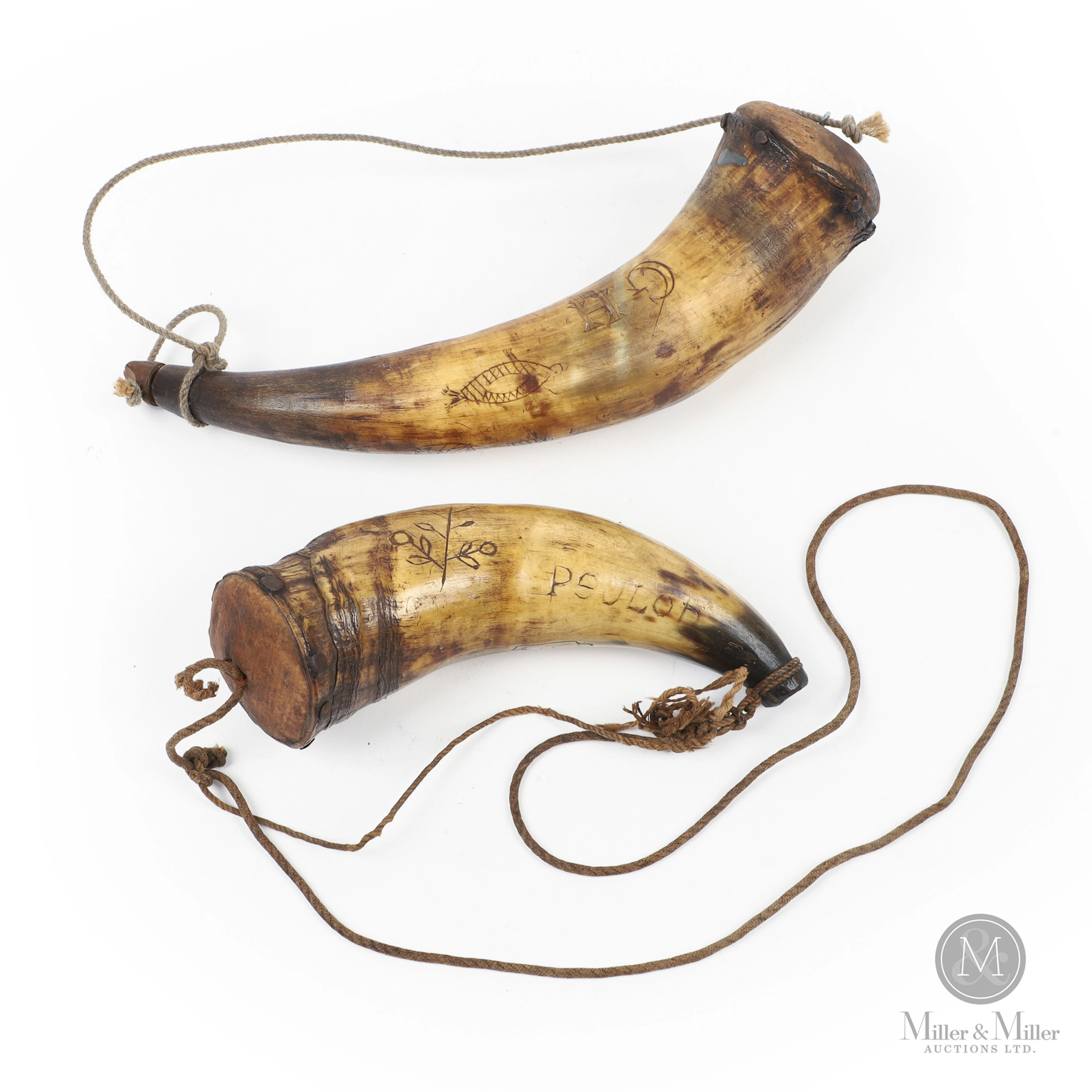 Two Scrimshaw Powder Horns