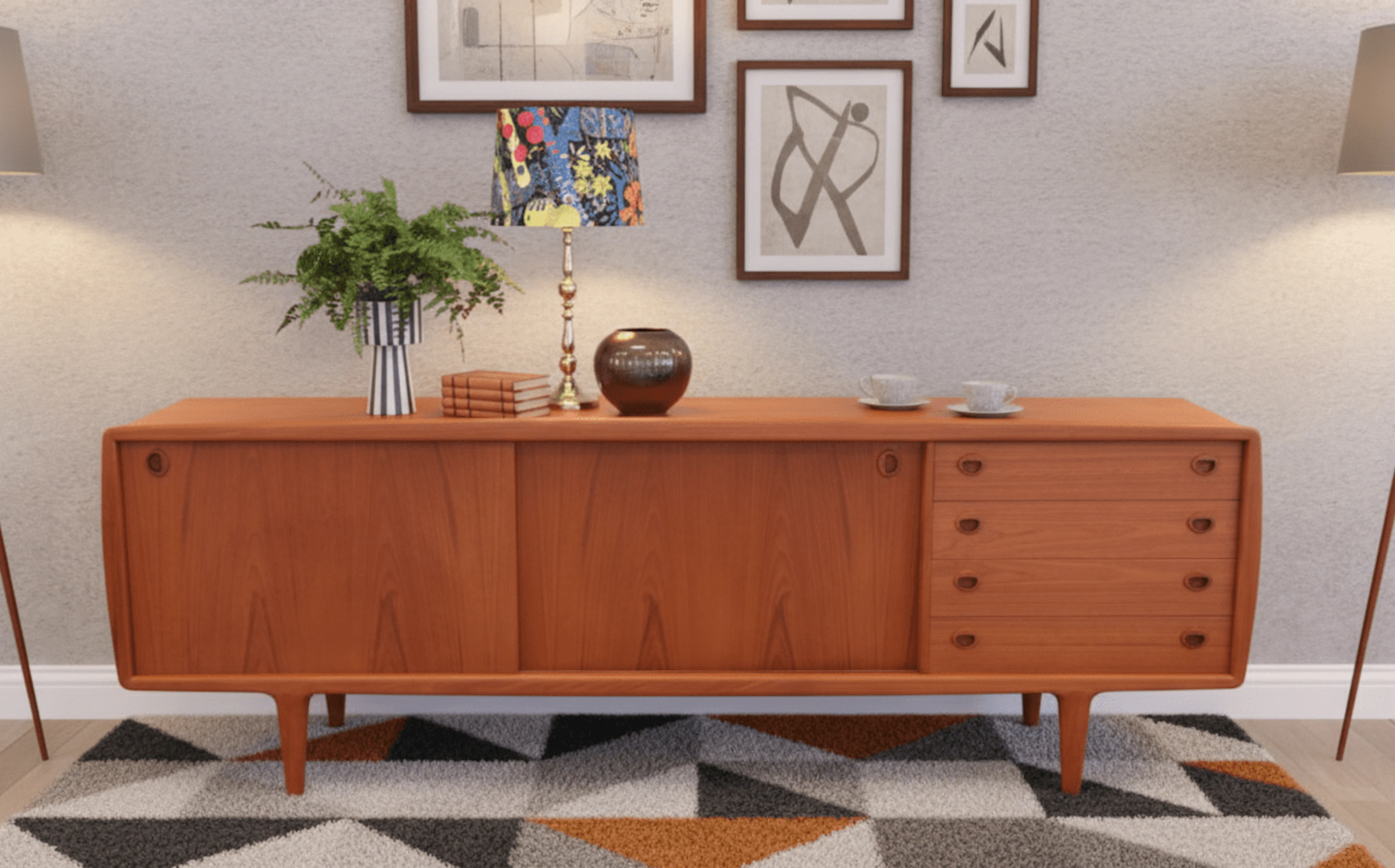 H.P. Hansen långt sideboard i teak. 241x50x80 cm