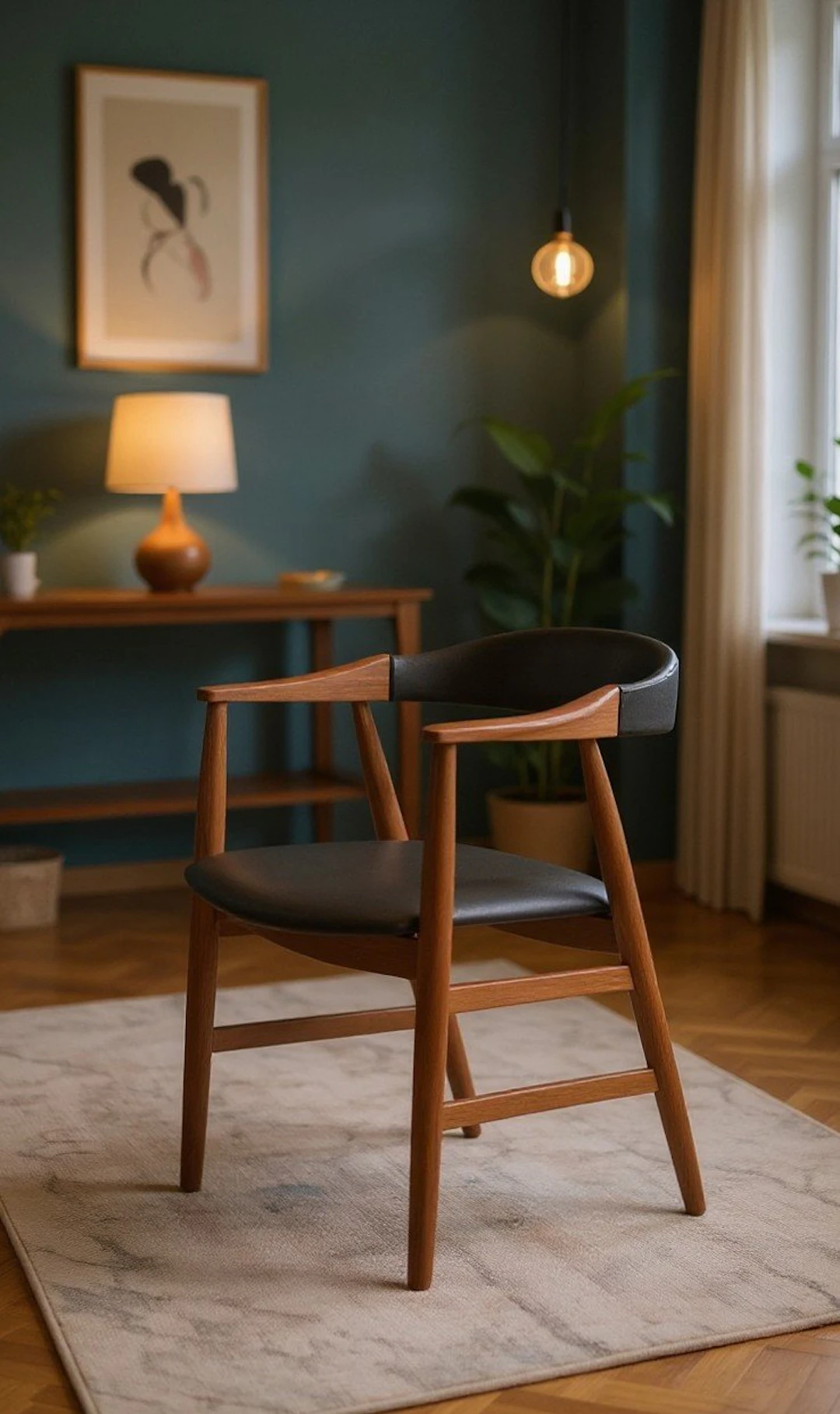 Farstrup karmstol i teak och svart skinn. 56 cm bred