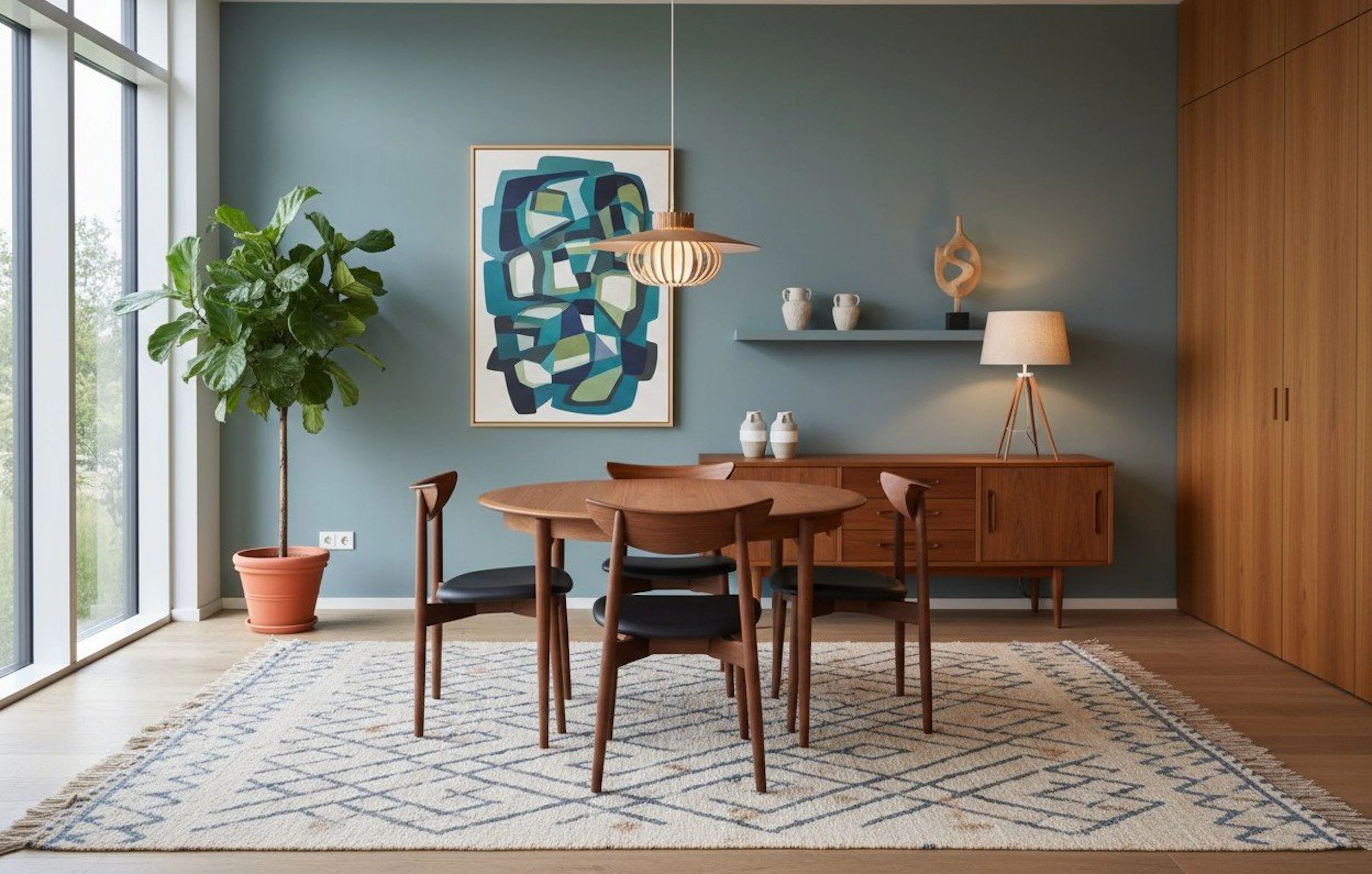 Svend Aage Madsen runt matbord i teak. 120 ø+2×45 cm