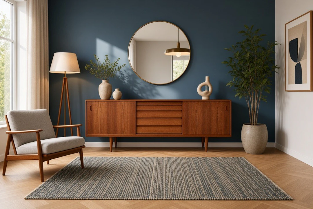 Danskt sideboard i teak med skjutluckor och fem lådor. 227x48x80 cm
