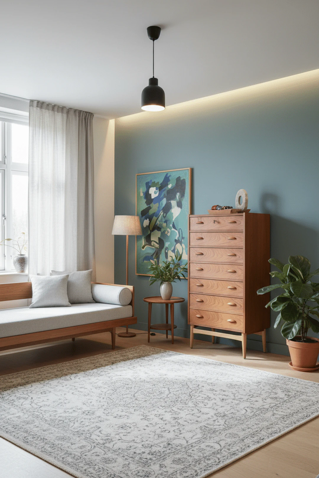 Dansk nätt byrå i teak med sju lådor. 64x41x122 cm