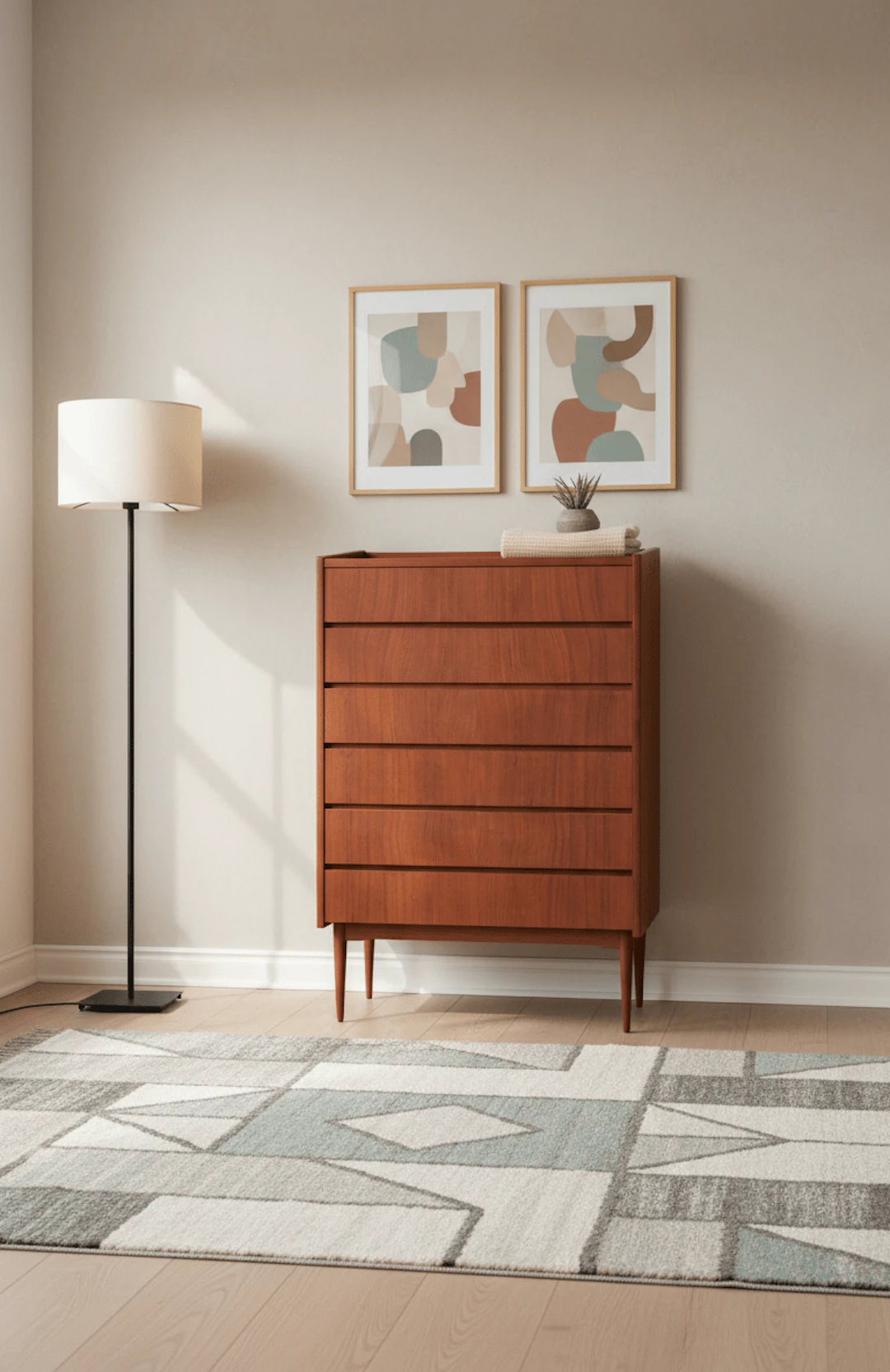 Dansk byrå i teak med sex lådor vintage 1960 tal. 75x42x113 cm
