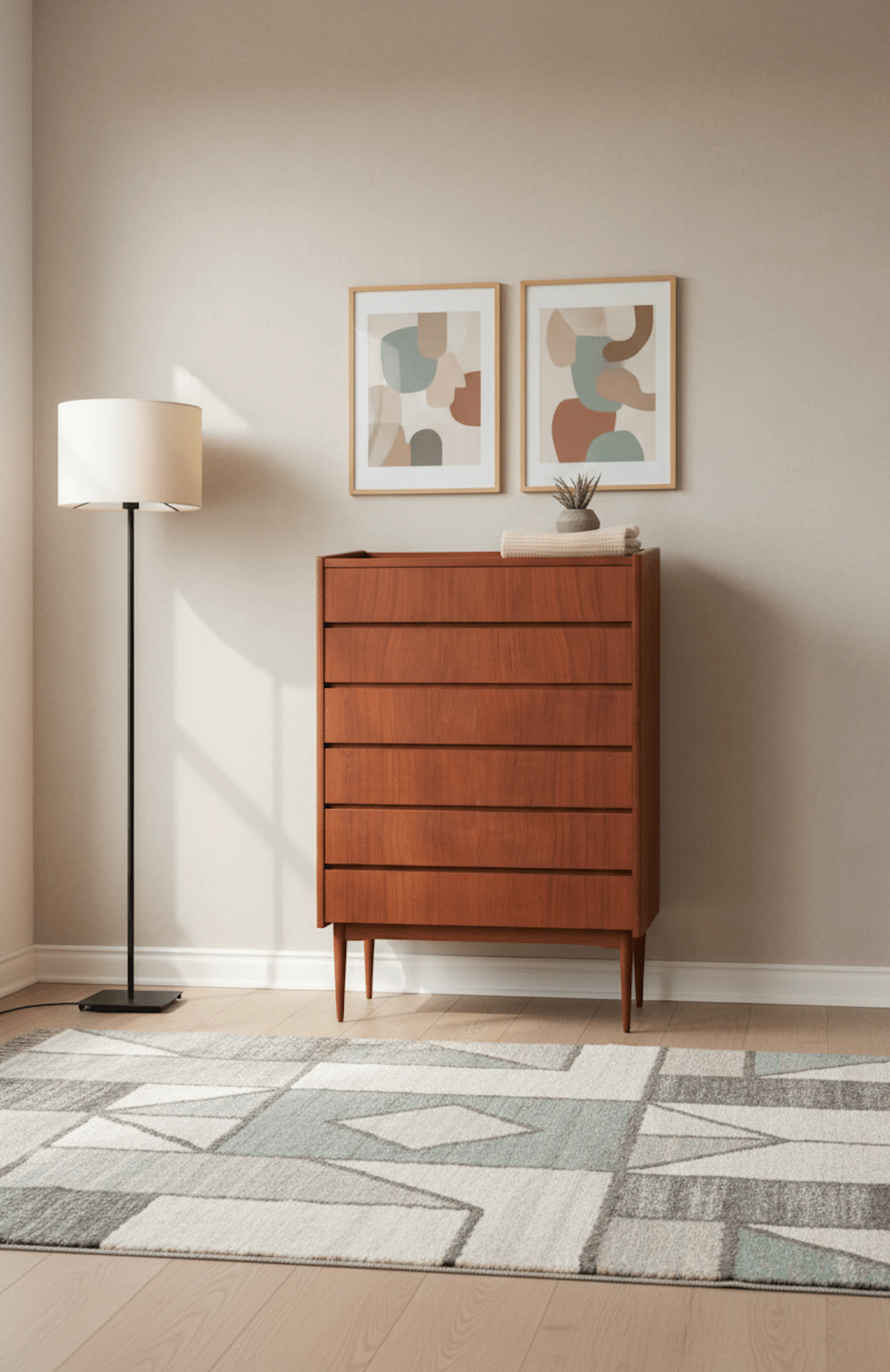 Dansk byrå i teak med sex lådor vintage 1960 tal. 75x42x113 cm