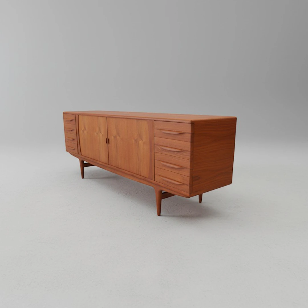 Johannes Andersen Uldum sideboard modell 15 i teak. 240x50x84 cm