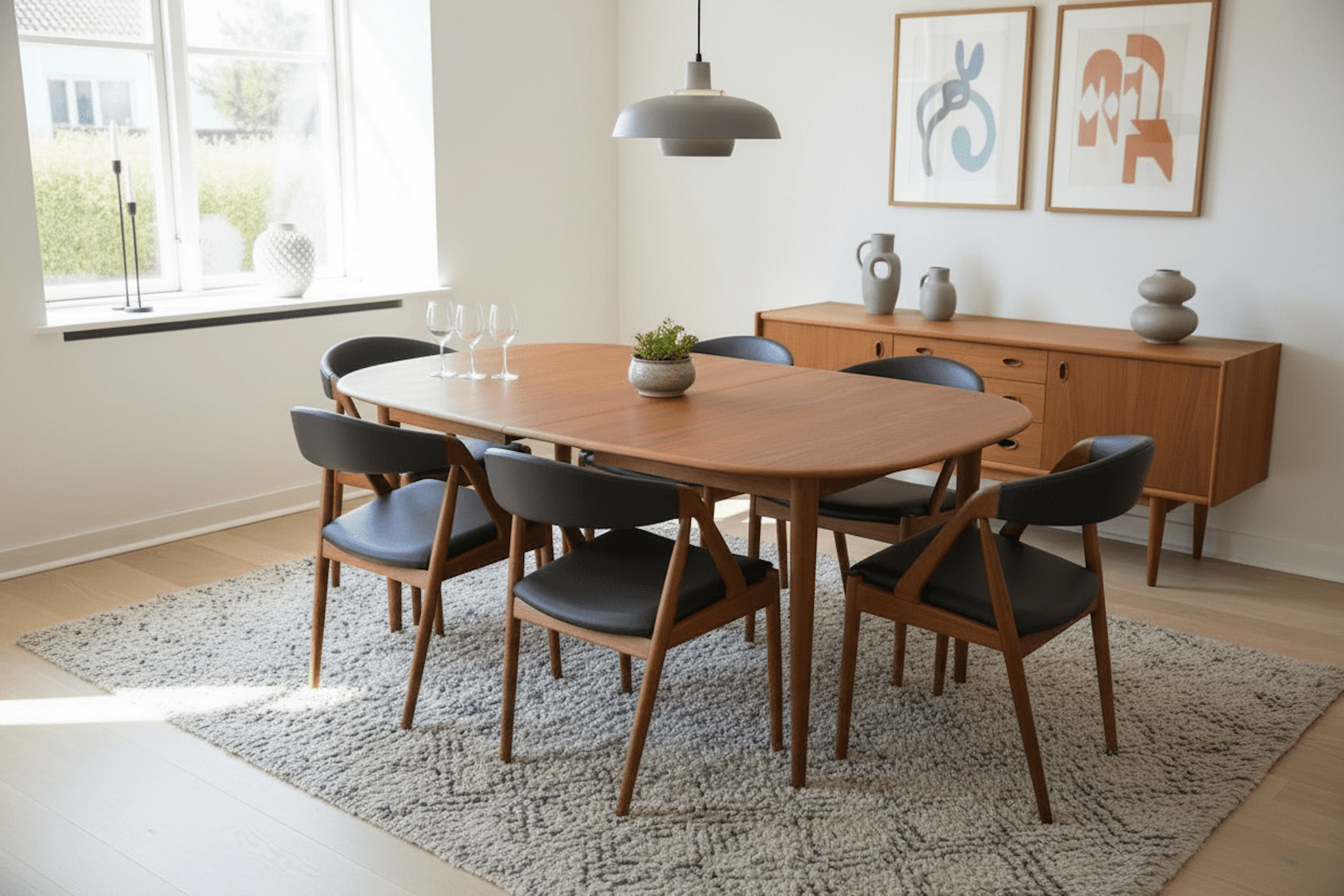 Kai Kristiansen stol modell 31 i teak och svart skinn. 50 cm bred