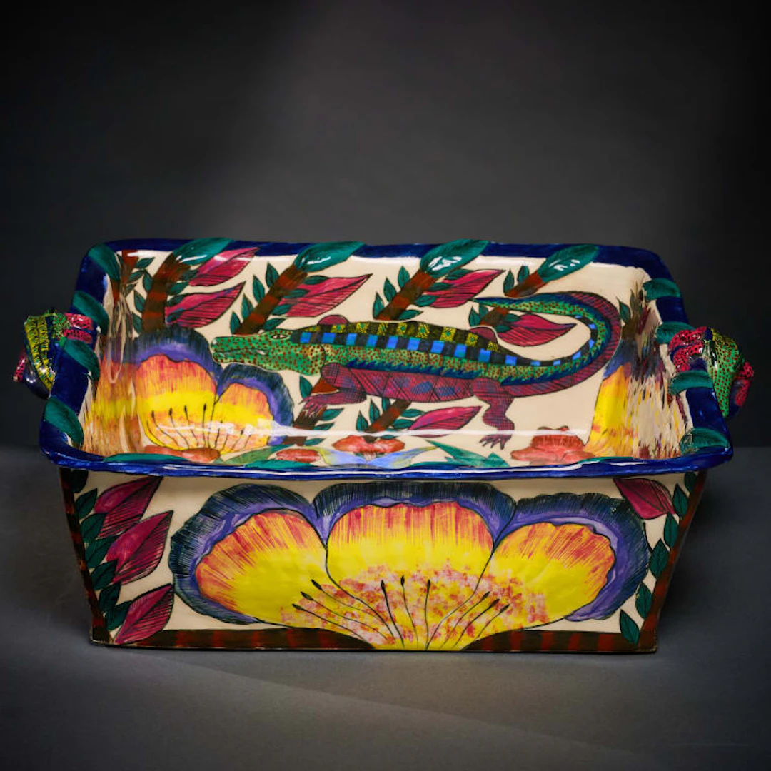 Ardmore Ceramic Studio; Flower and crocodile square dish