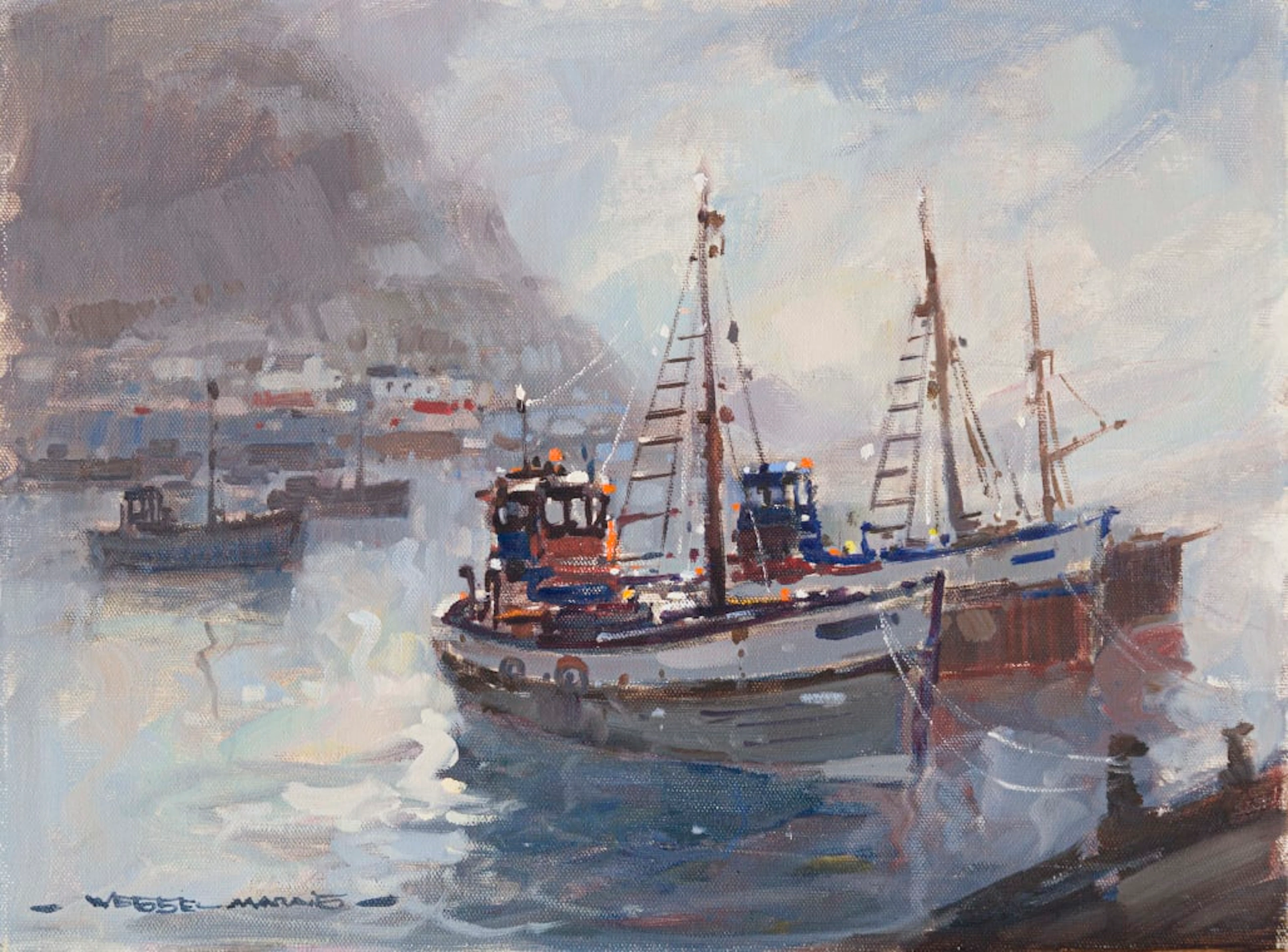 Wessel Marais; Three Boats in a Harbour