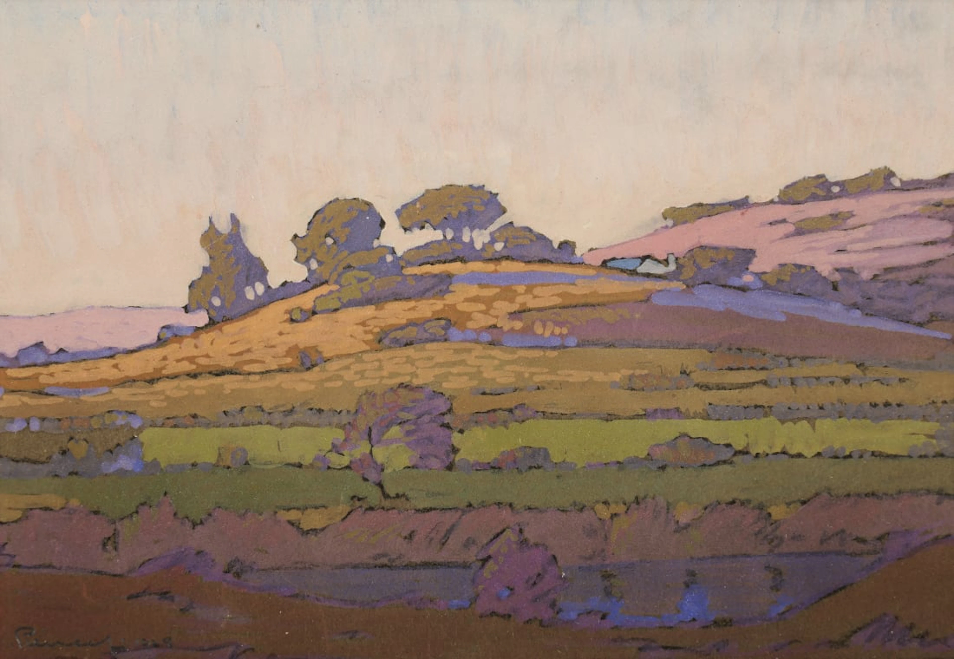 Jacob Hendrik Pierneef; Farm Landscape with Trees and Building