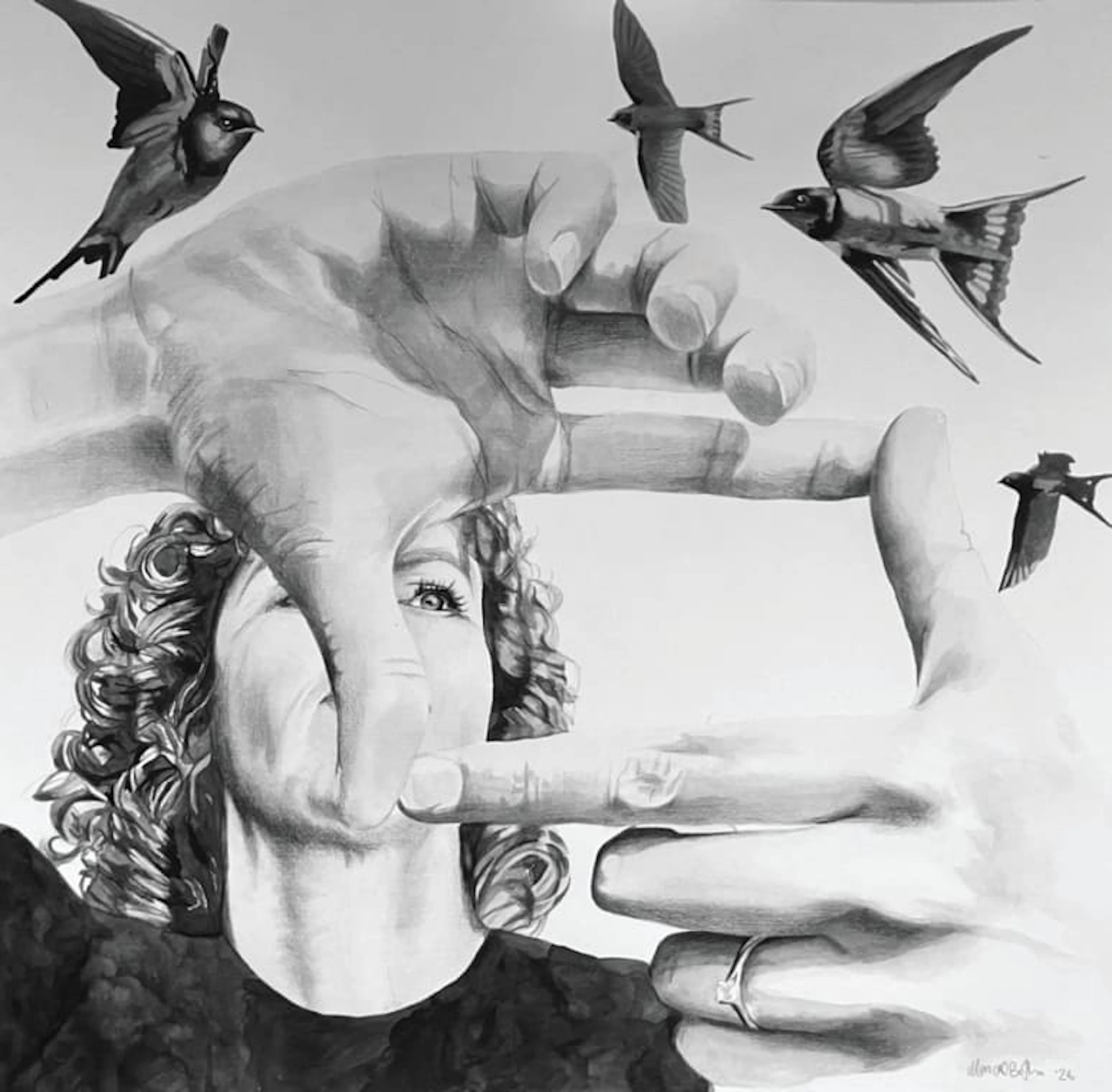 Maricel Botha; Self-portrait with swallows