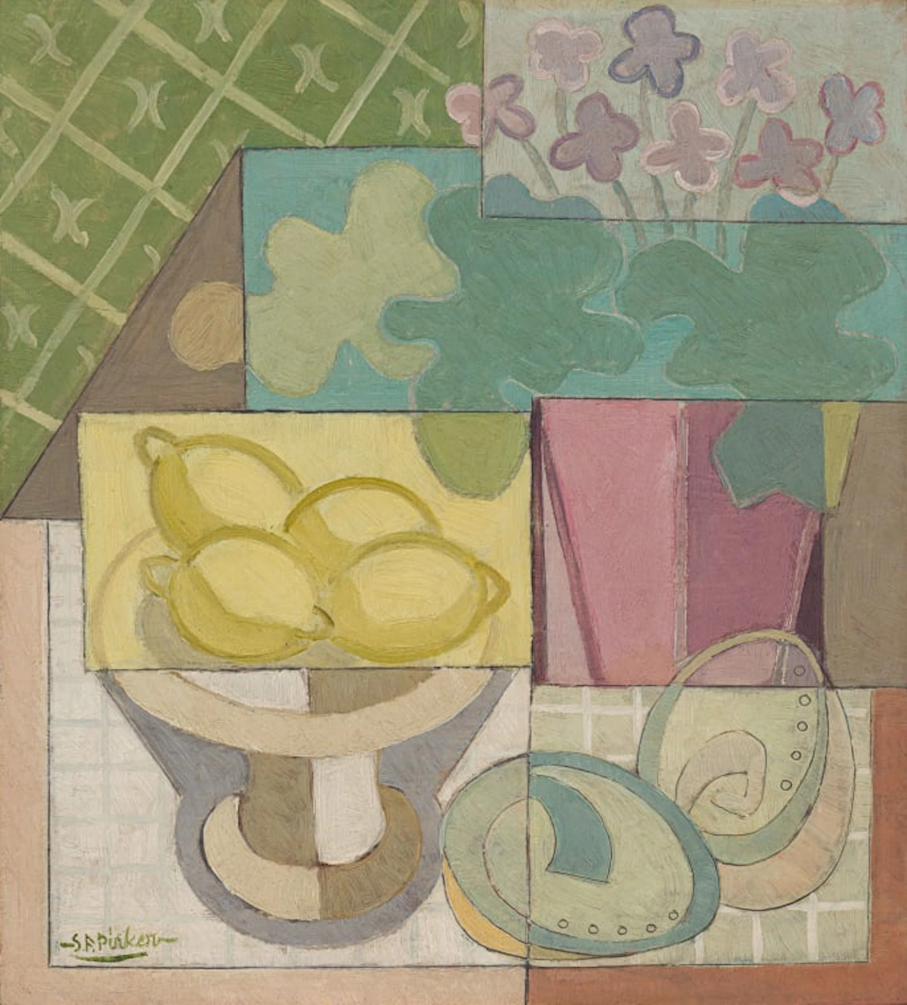 Stanley Pinker; Untitled (Still Life with Lemons, a Potted Violet