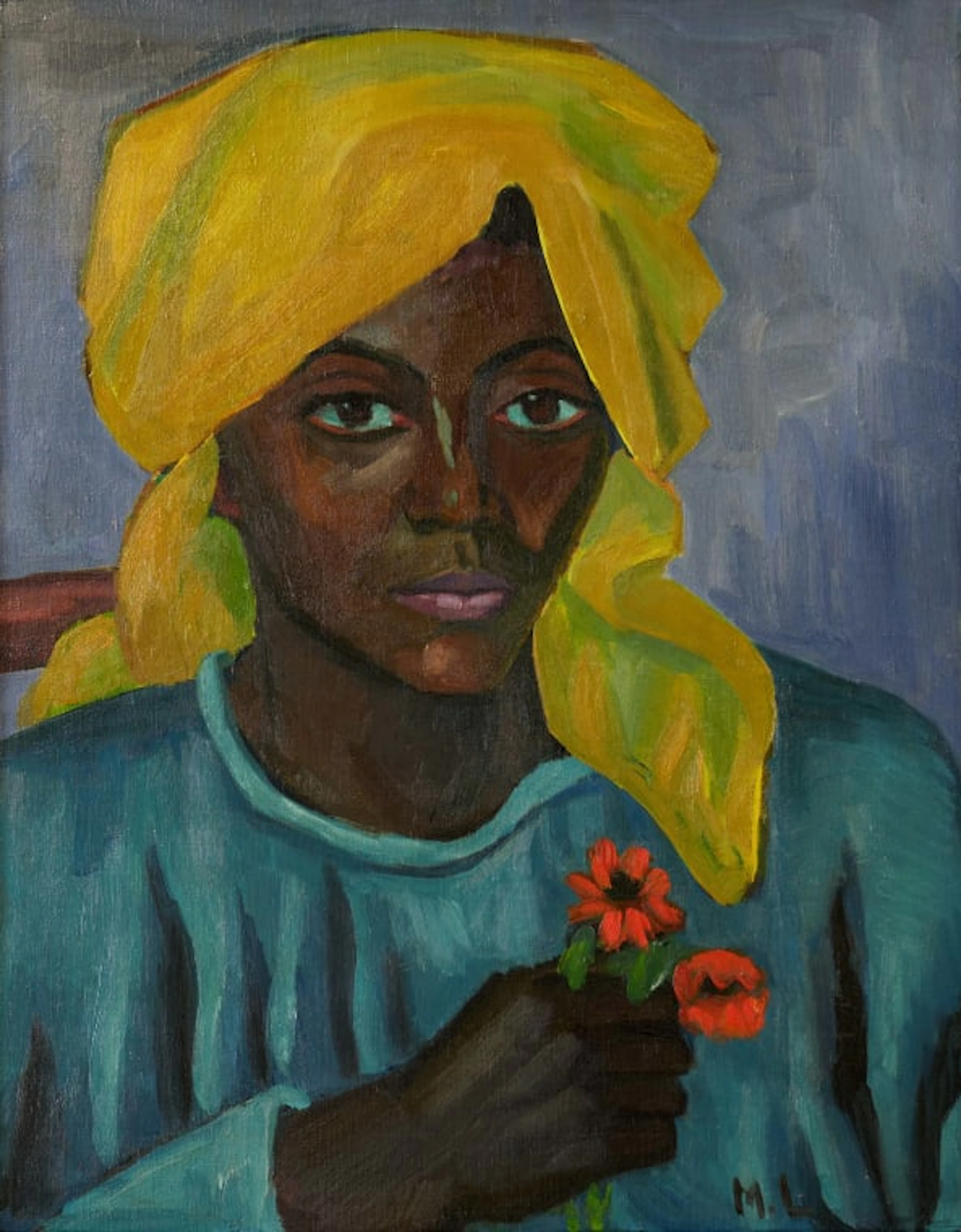 Maggie Laubser; Portrait of a Woman with Headscarf Holding Flowers