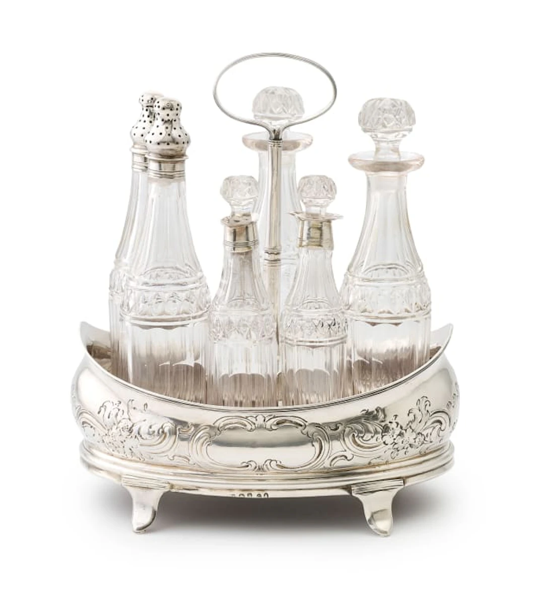 A George III silver and cut-glass cruet set, Abstinando King, London, 1802