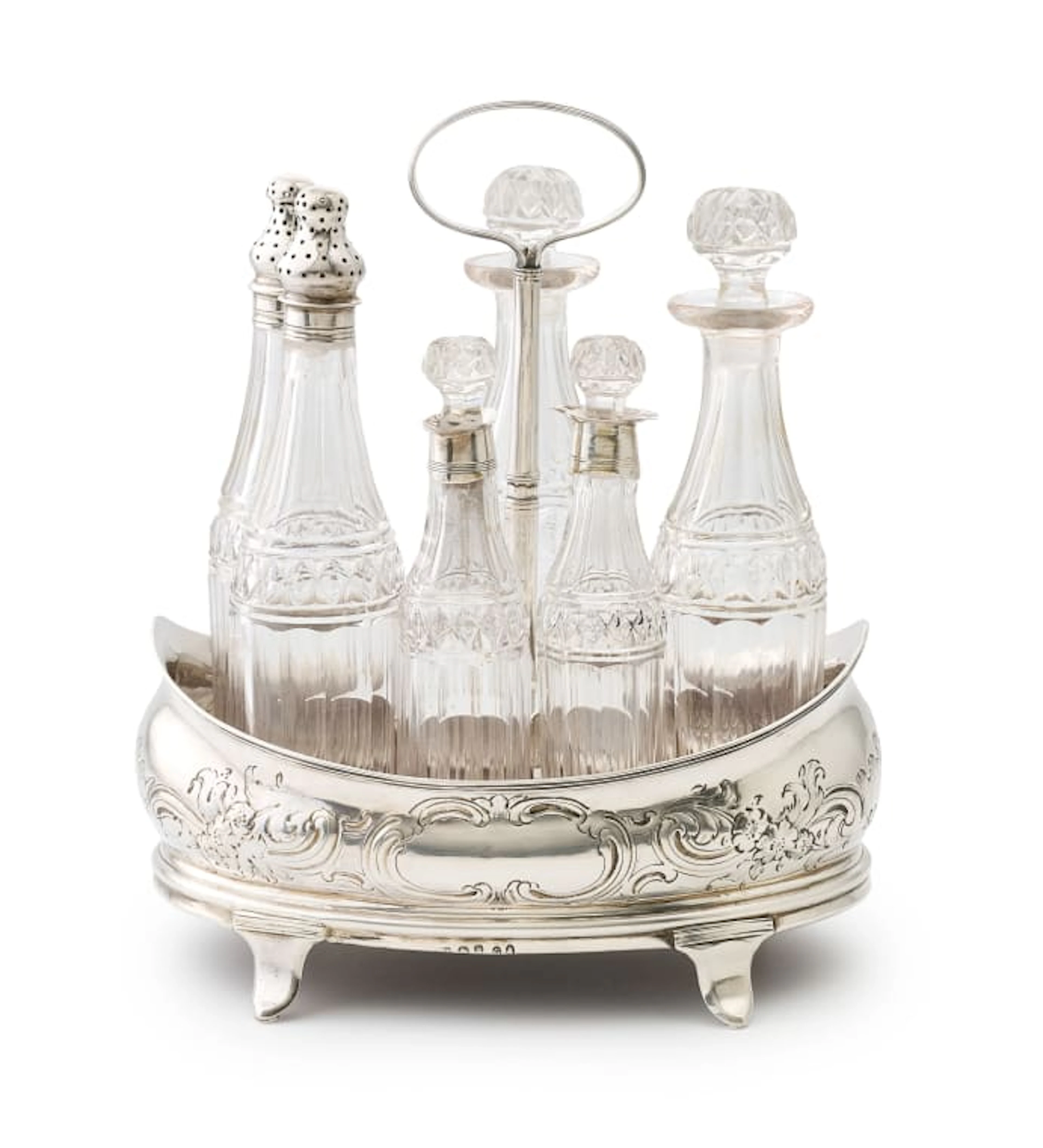 A George III silver and cut-glass cruet set, Abstinando King, London, 1802