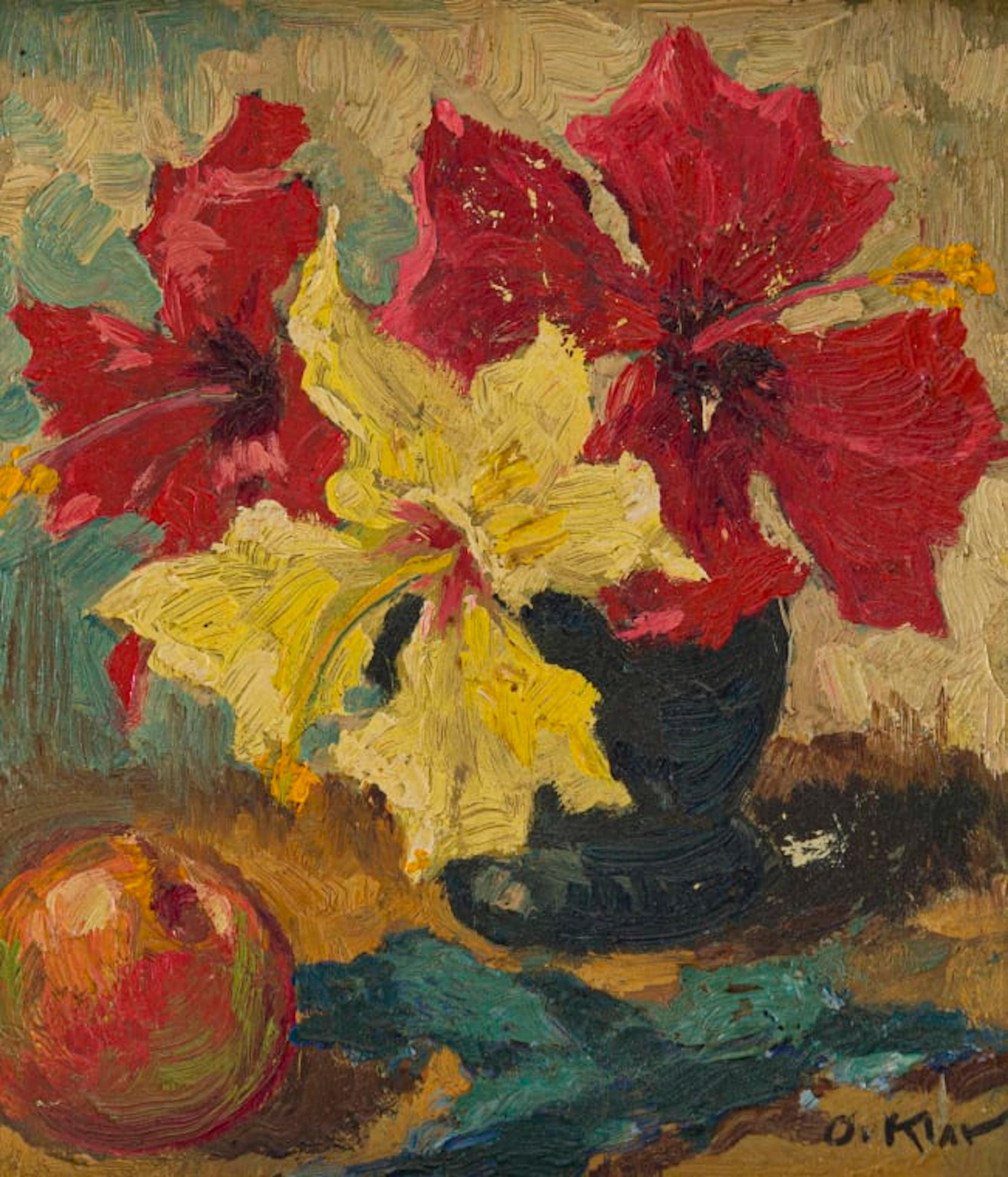 Otto Klar; Still Life with Hibiscus and Apple