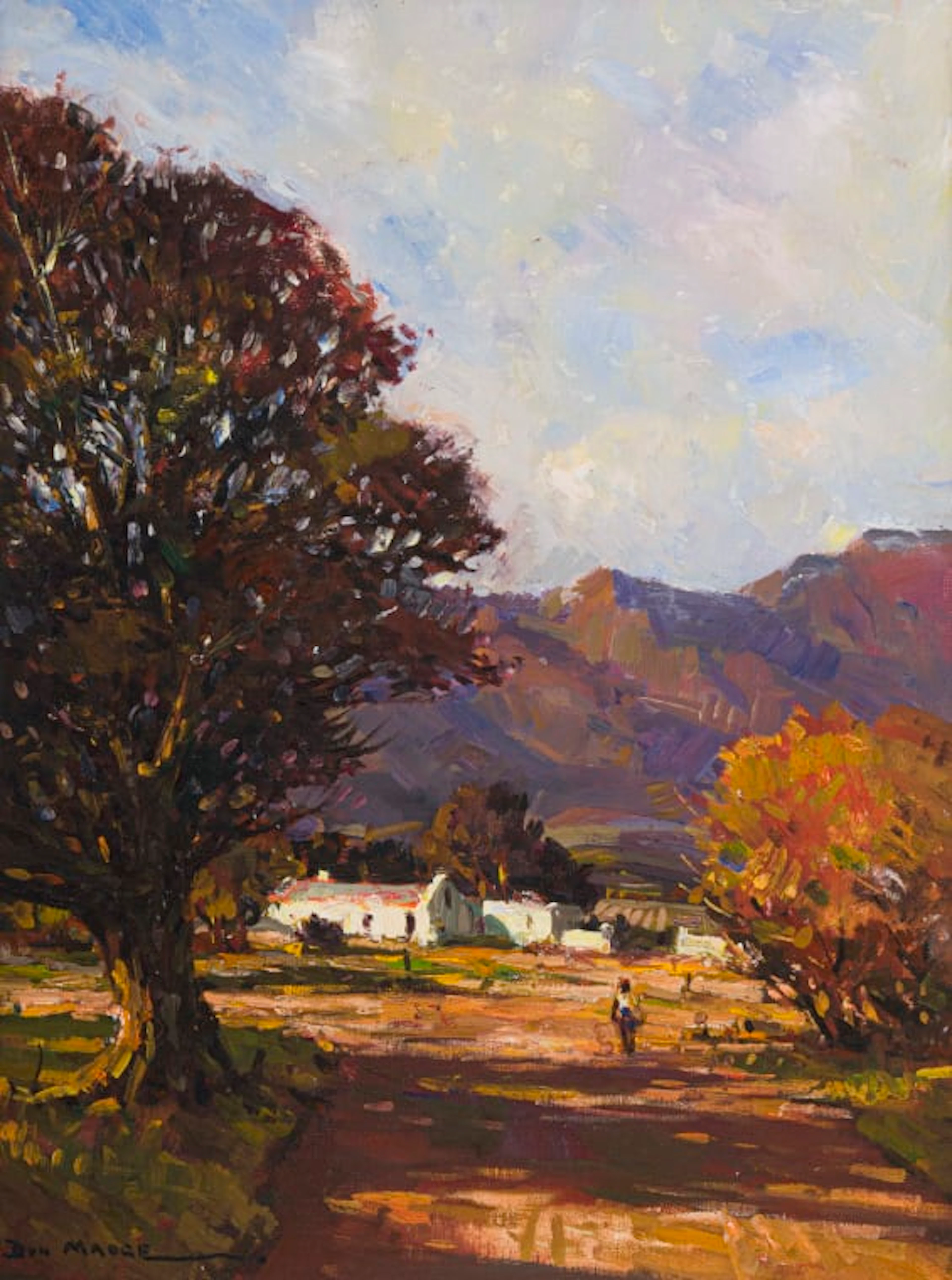 Don Madge; Landscape with Cape Dutch Buildings and Mountains