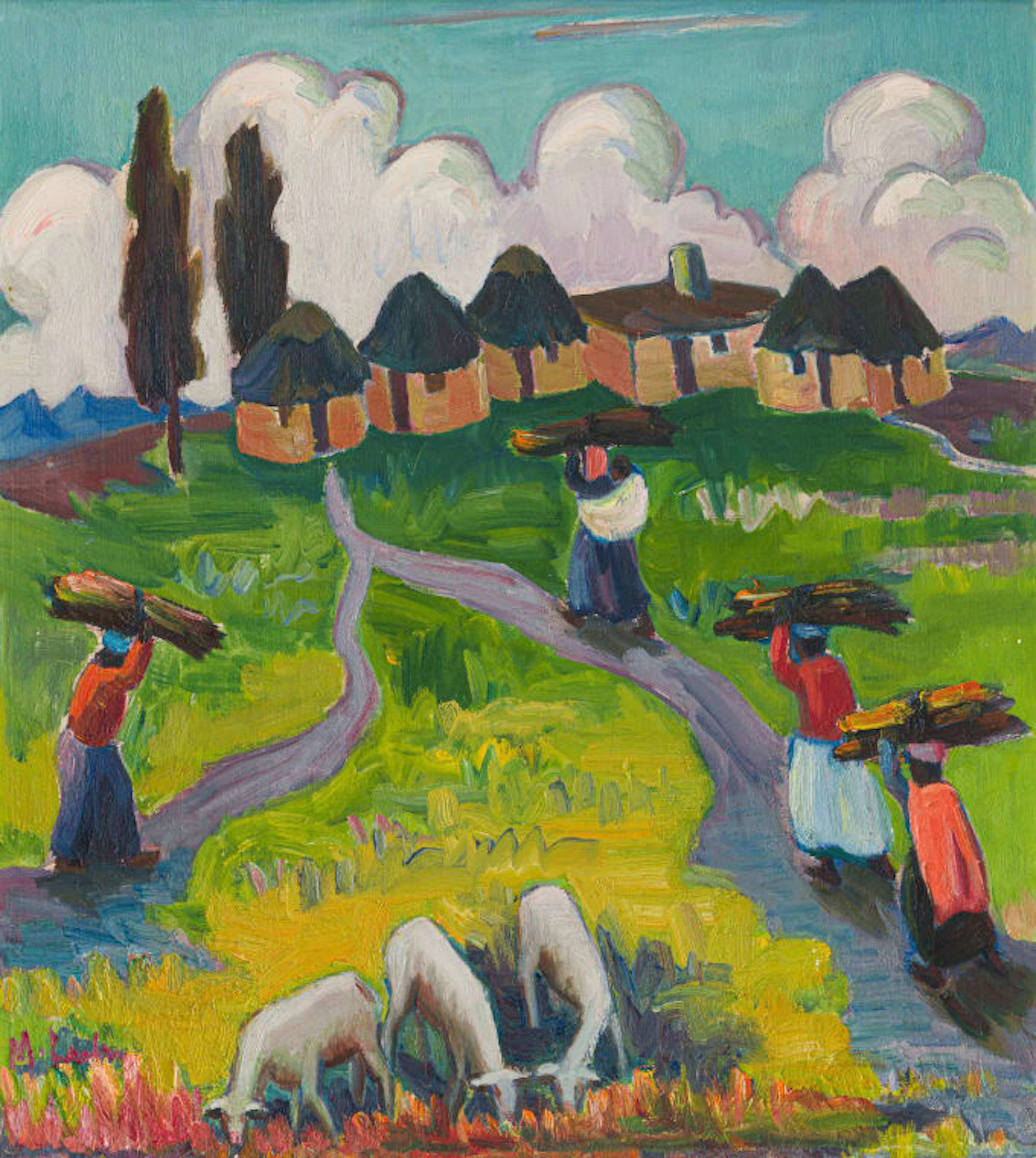 Maggie Laubser; Landscape with Huts, Trees, Clouds, Wood Carriers and Sheep
