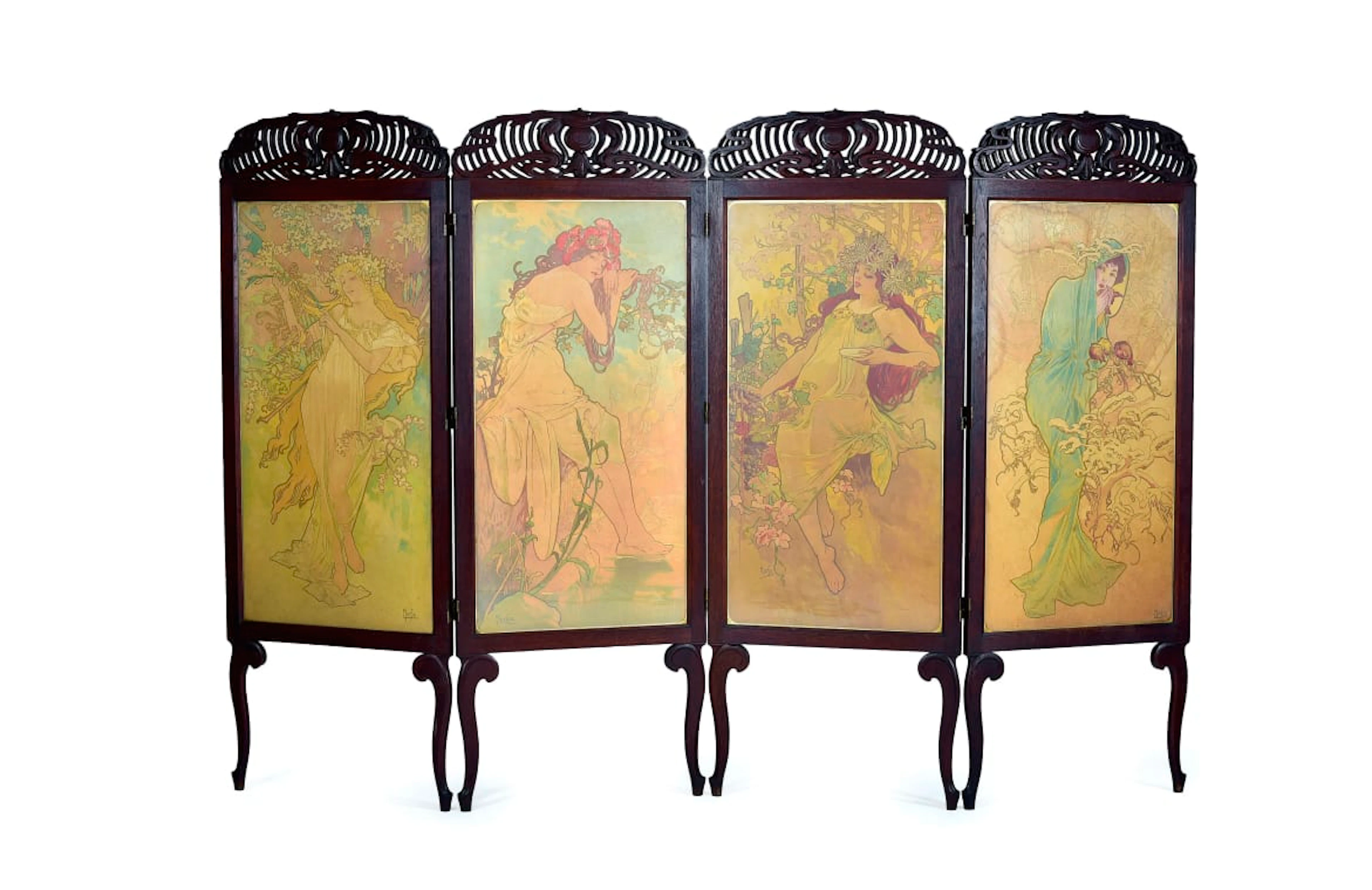 Alphonse Mucha; Art Nouveau four-panel painted screen, Czech Republic
