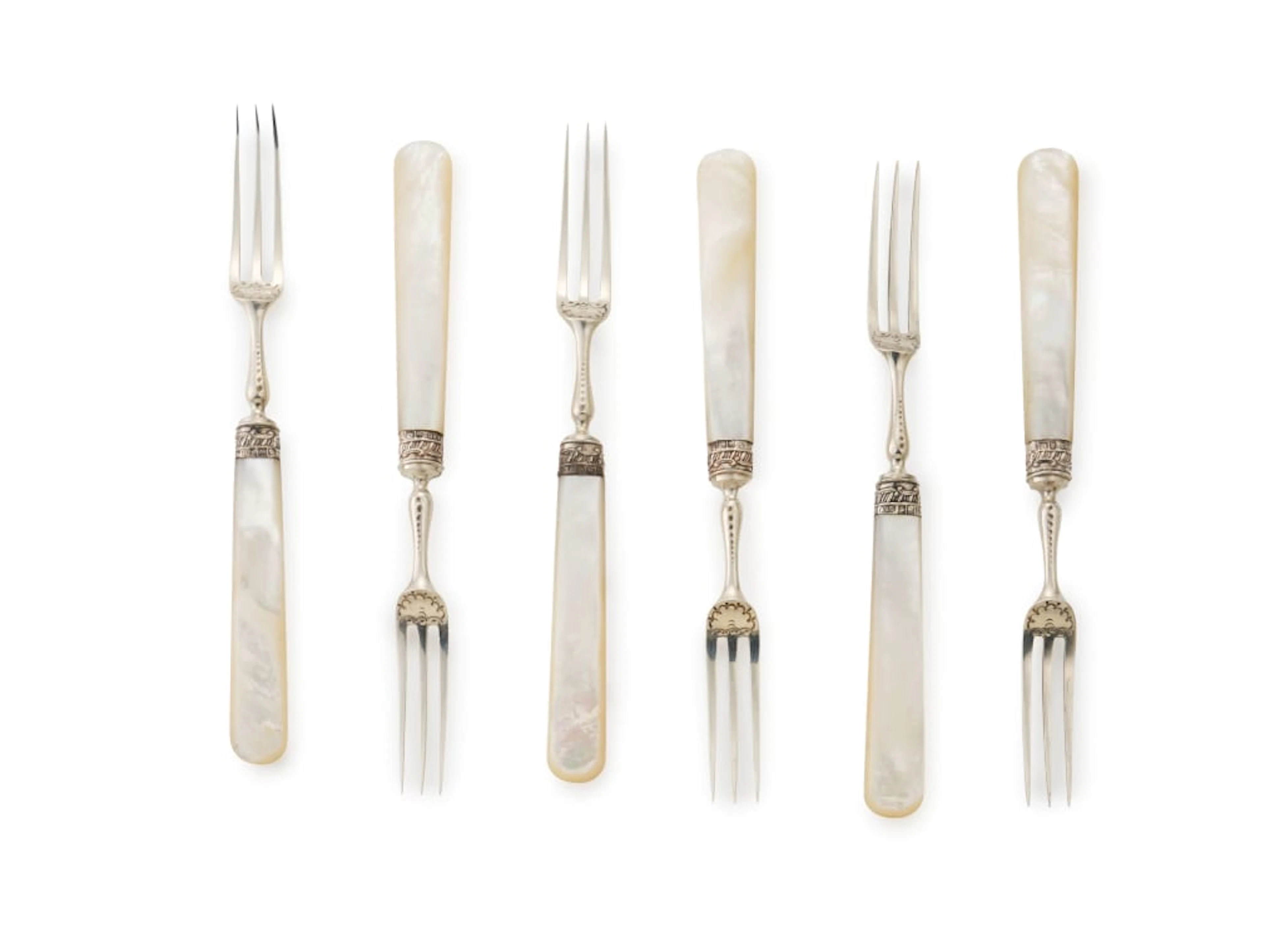 Six Edward VII silver and mother-of-pearl fruit forks, Allen & Darwin