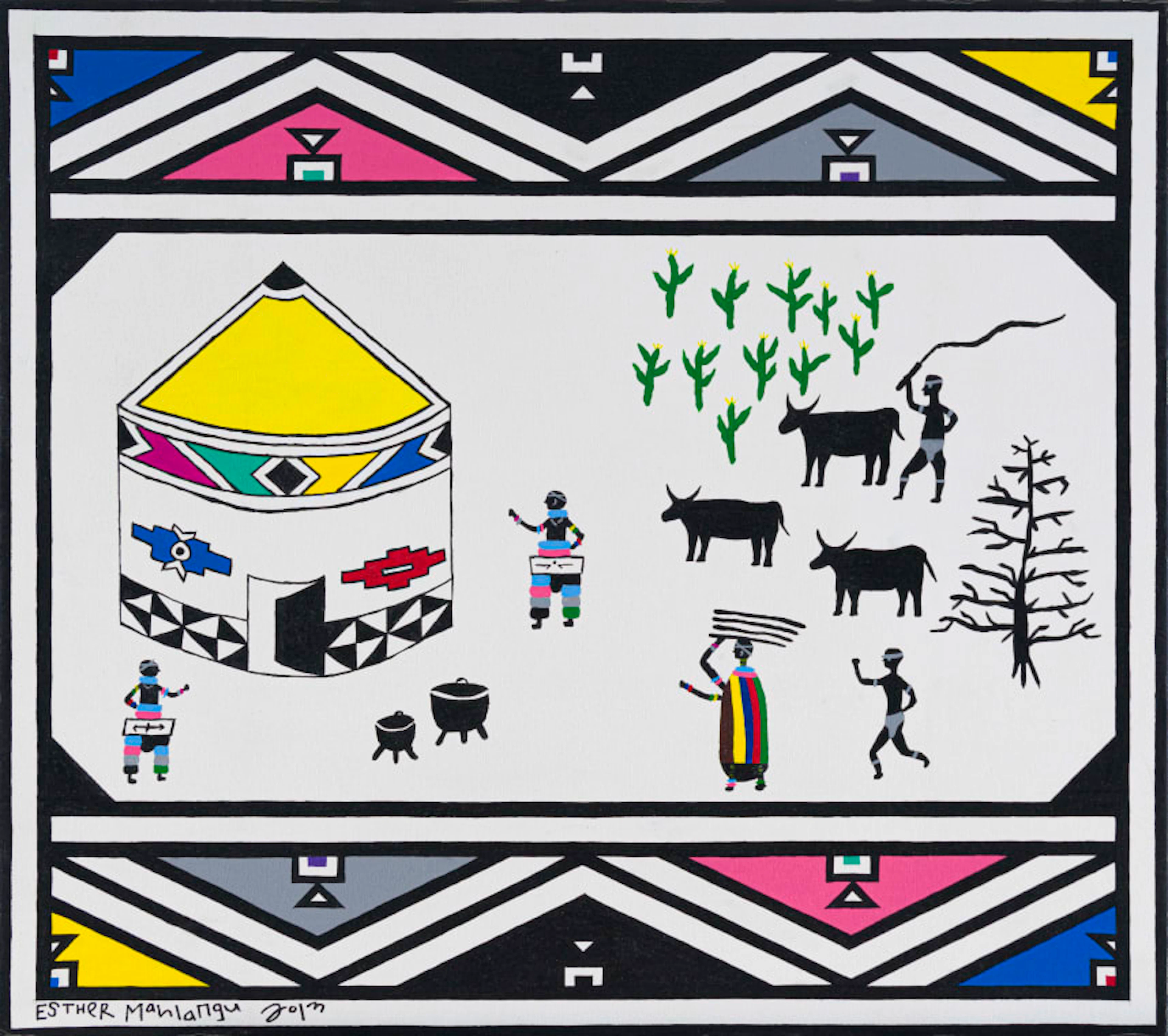 Esther Mahlangu; Untitled (Homestead with Ndebele Pattern)