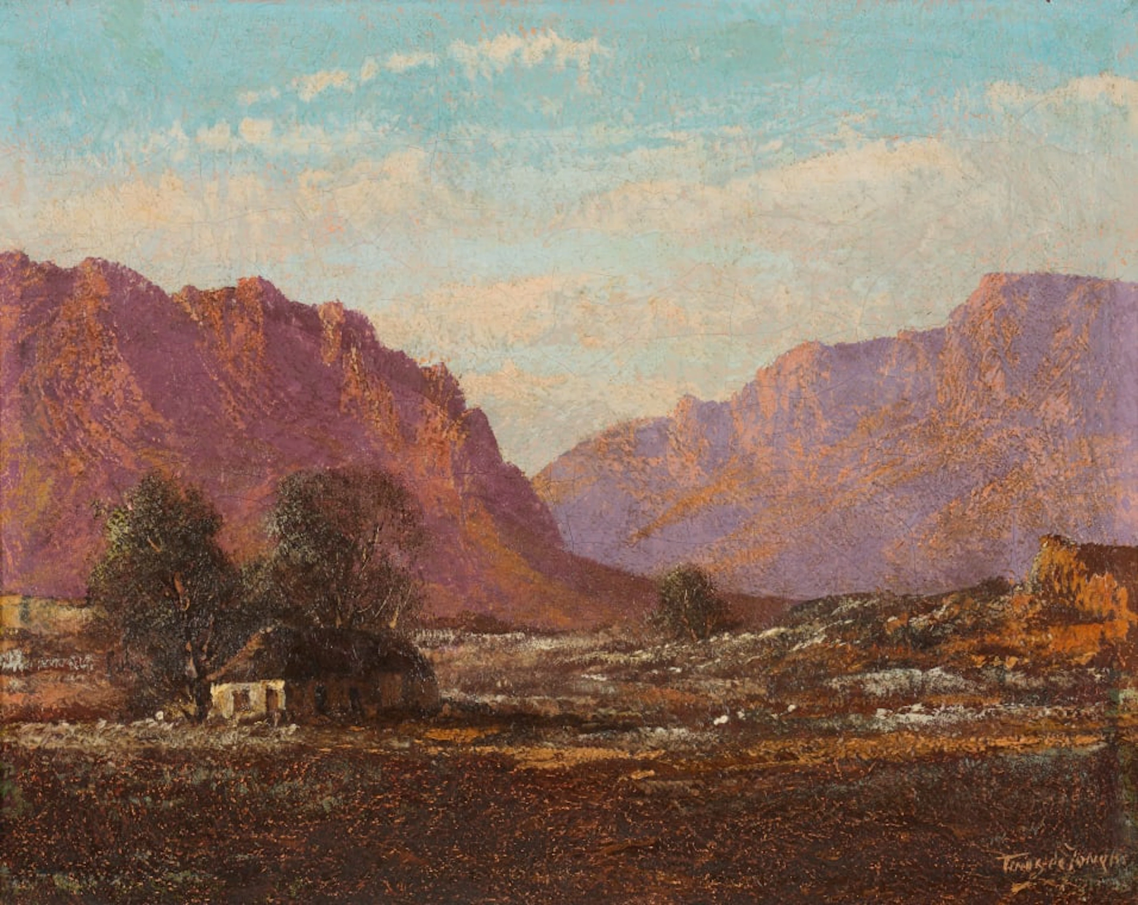 Tinus de Jongh; Cottage amongst Trees in a Mountainous Landscape