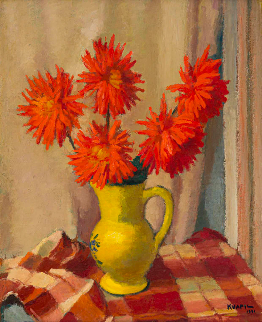 Charles Kvapil; Dahlias in a Yellow Vase