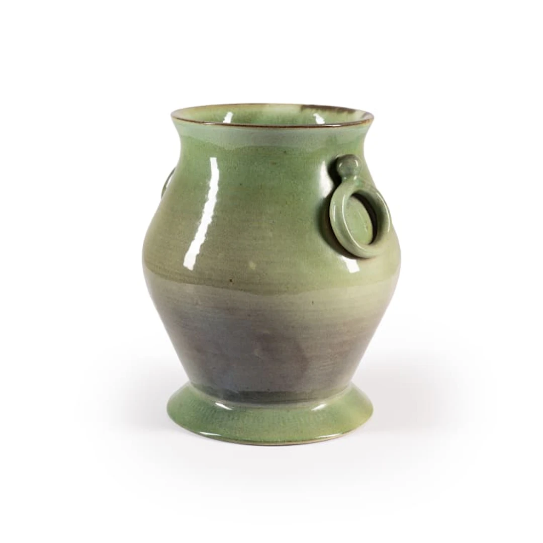 Globe Potteries; Green and purple vase with ring handles and wide