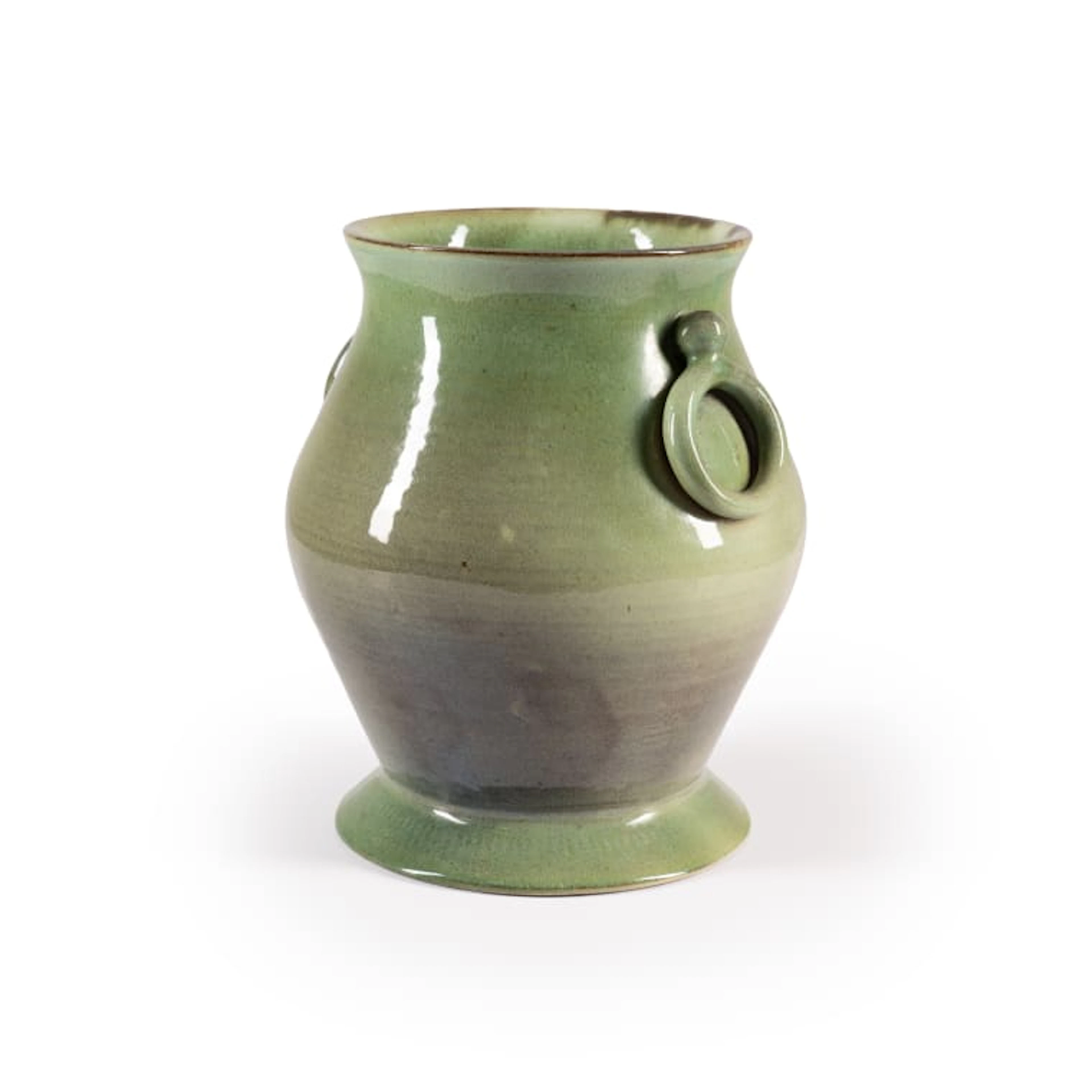 Globe Potteries; Green and purple vase with ring handles and wide