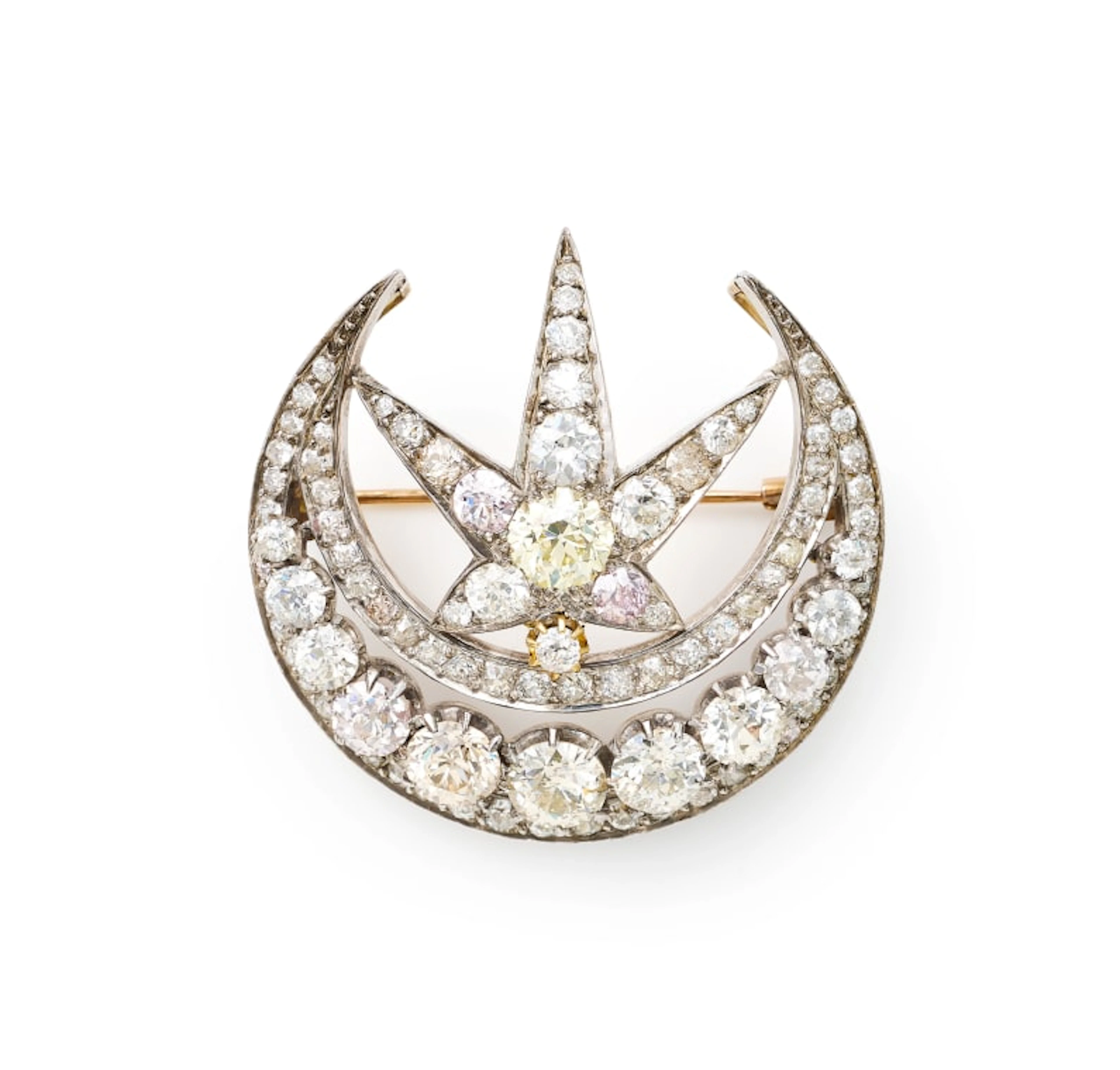 Crescent moon and star brooch