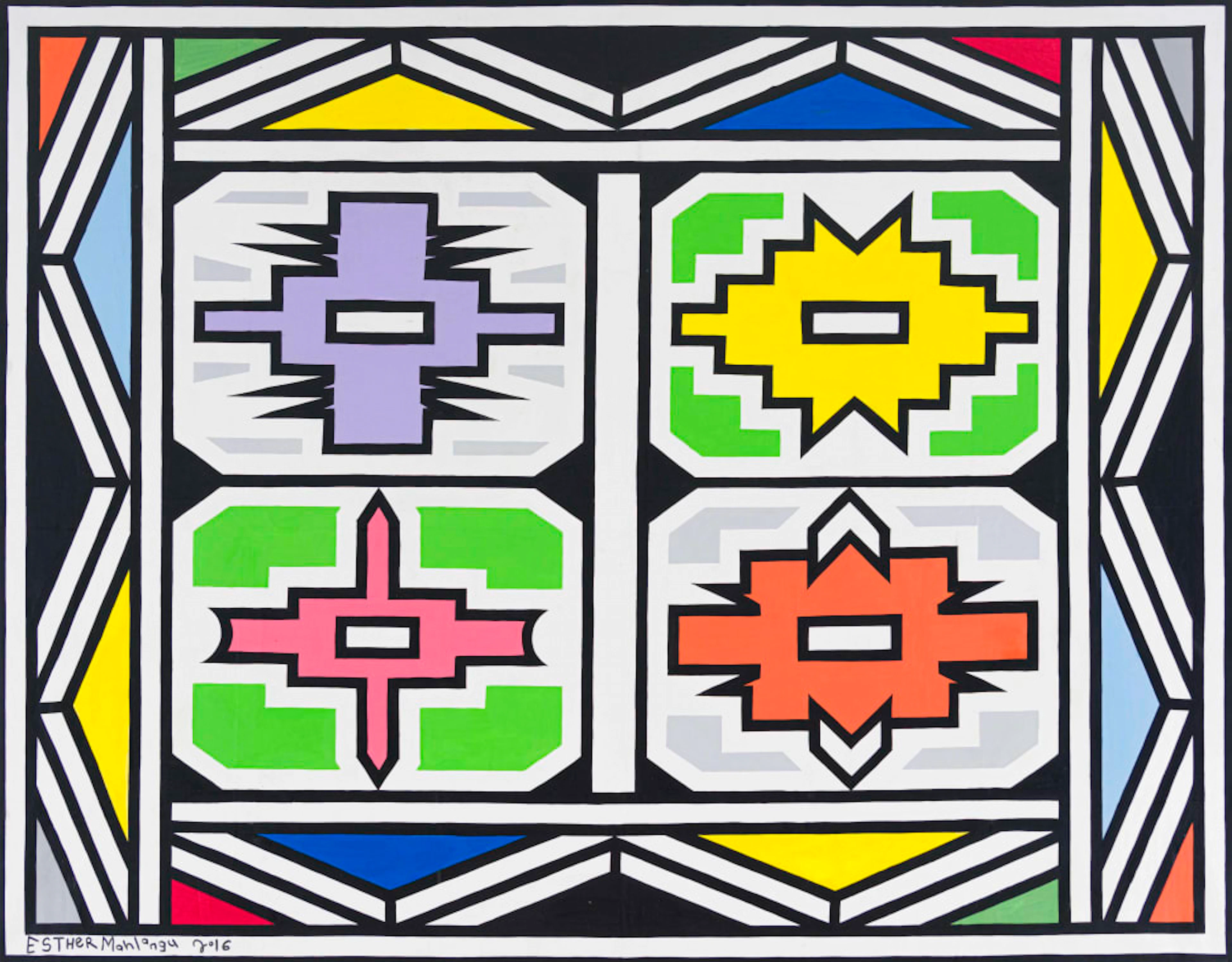 Esther Mahlangu; Untitled (Ndebele Abstract with Four-Panelled Centre)